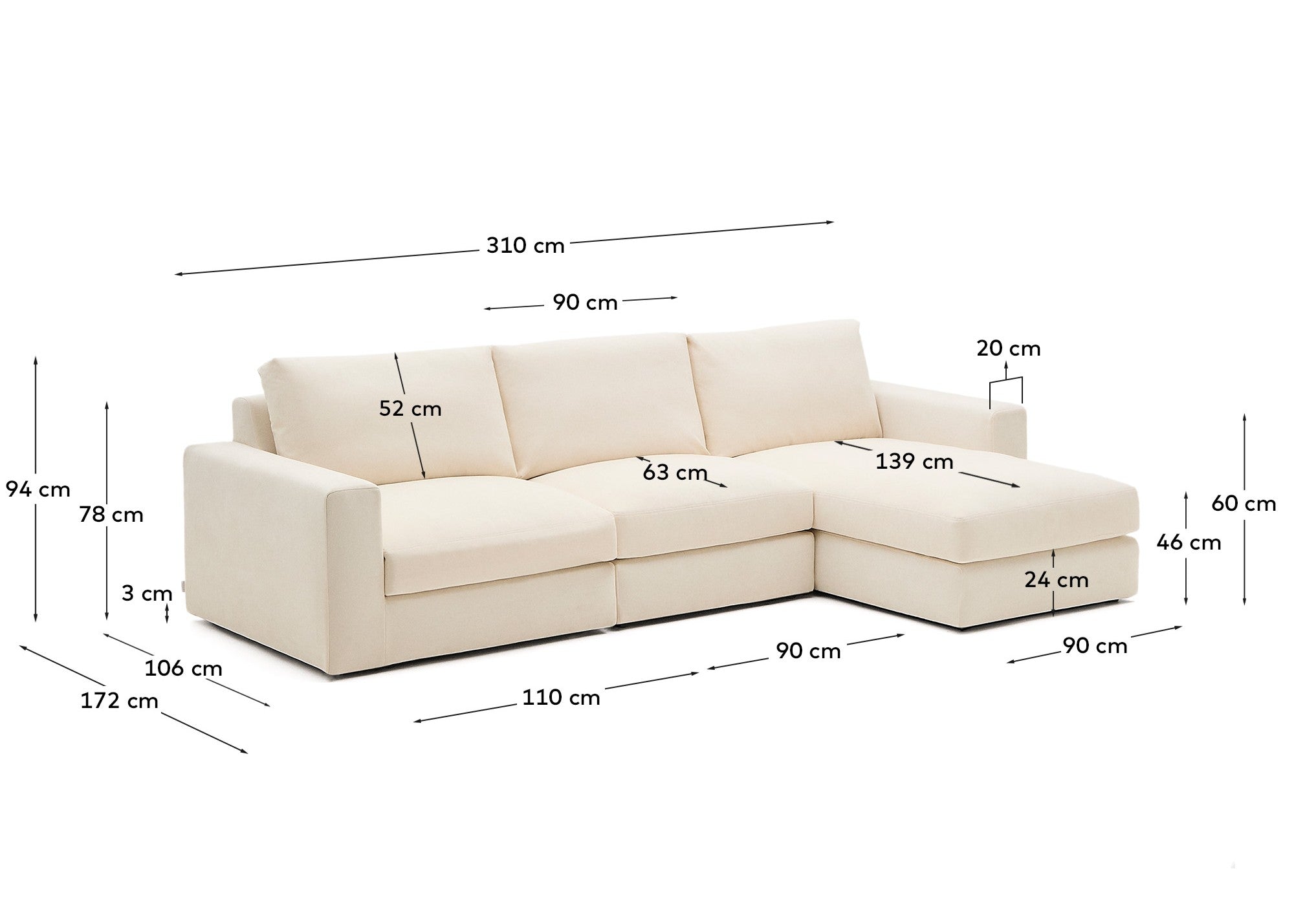 Alea ecru chenille 4-seater modular sofa with right chaise longue and removable cover 310cm - Measurements