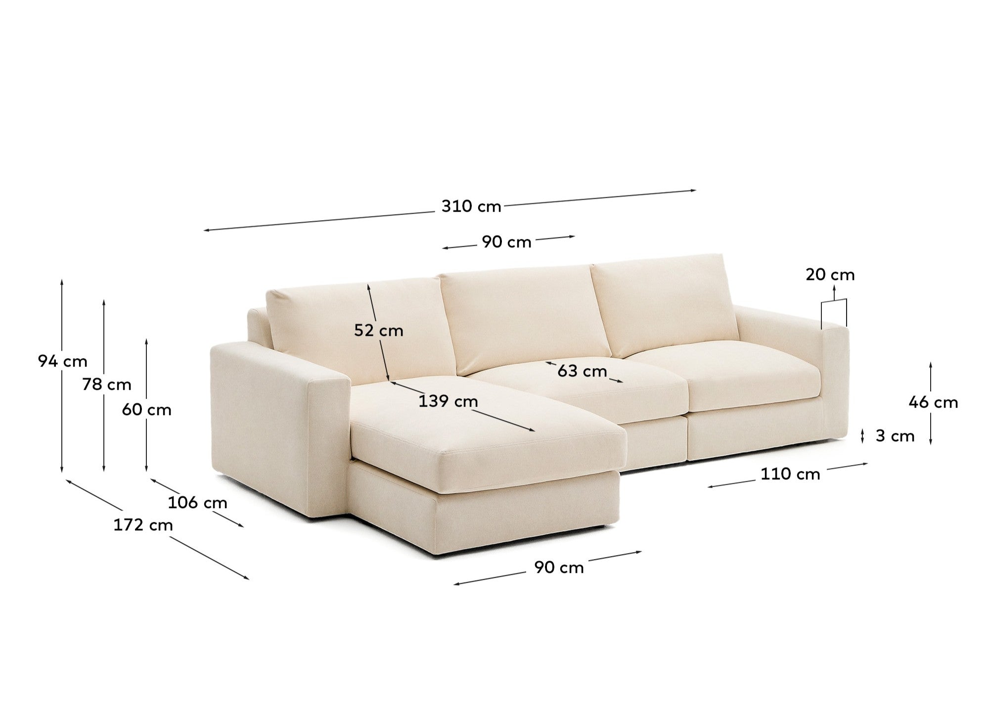 Alea ecru chenille 4-seater modular sofa with left chaise longue and removable cover 310cm - Measurements
