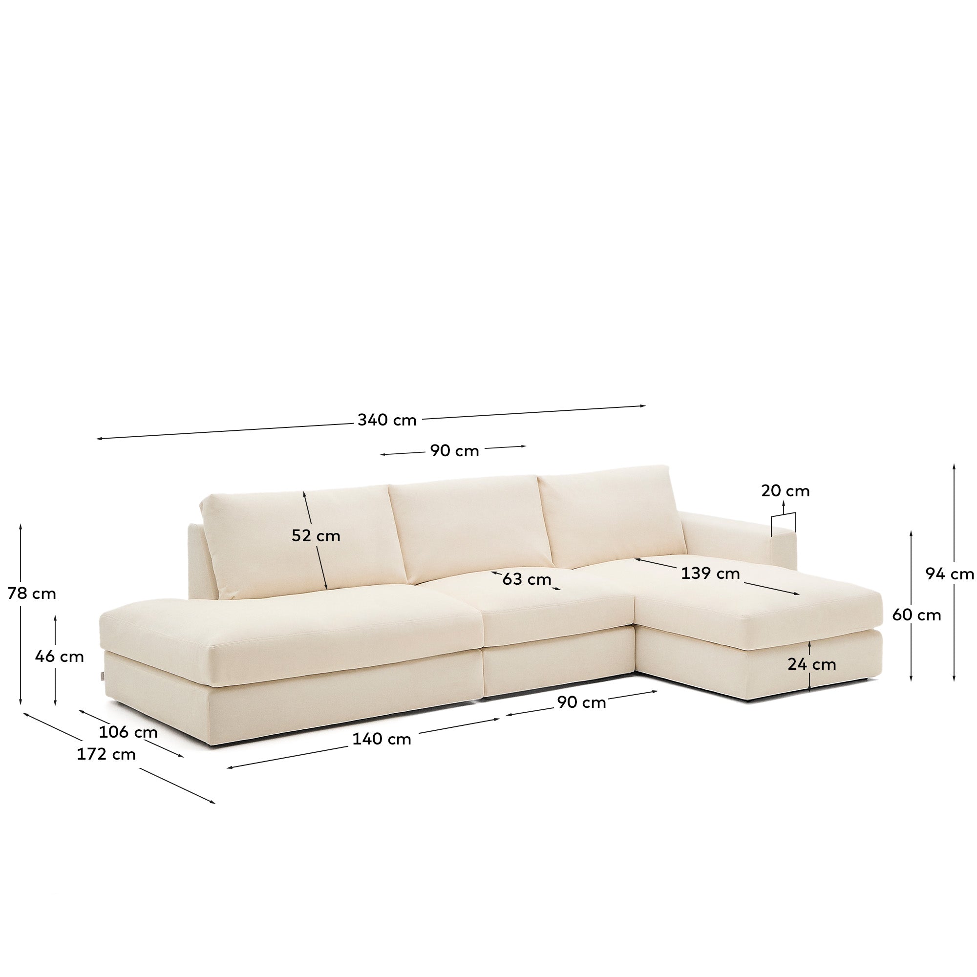 Alea ecru chenille 5-seater modular sofa with right chaise longue and removable cover 340cm - Measurements