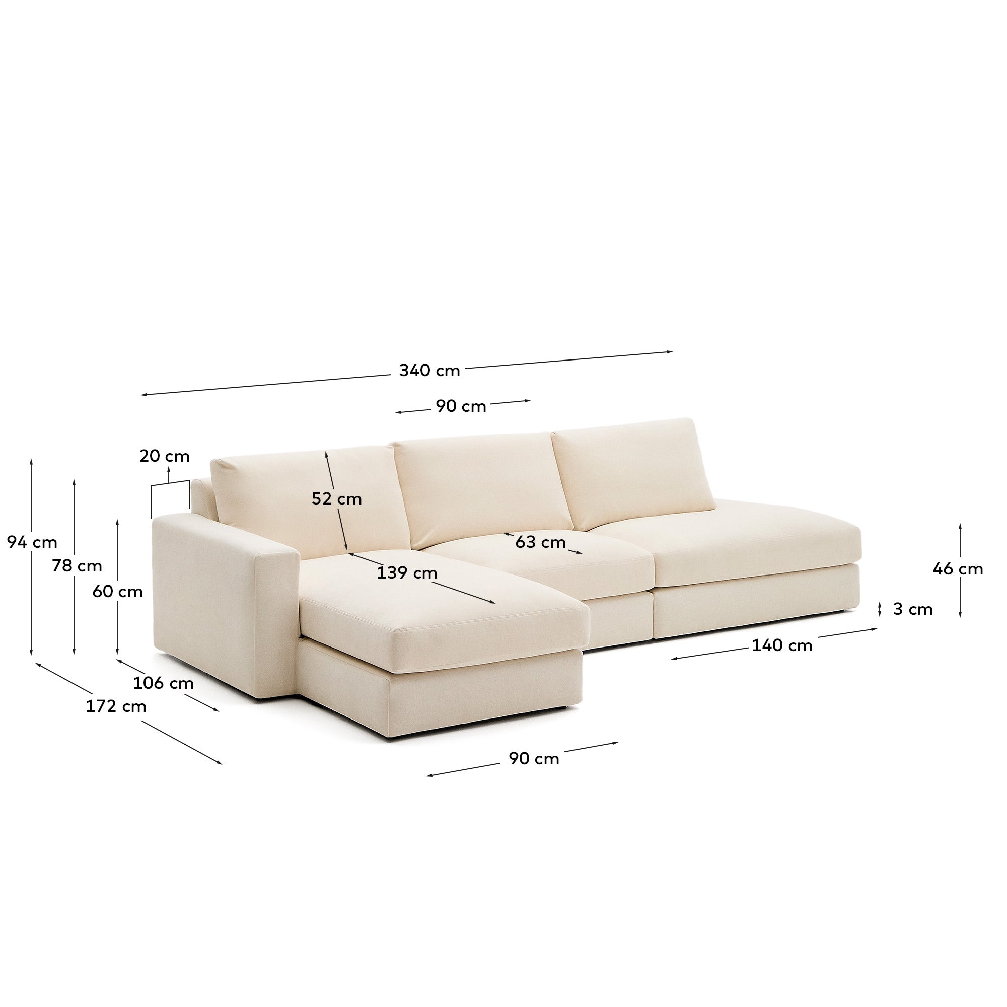 Alea ecru chenille 5-seater modular sofa with left chaise longue and removable cover 340cm - Measurements