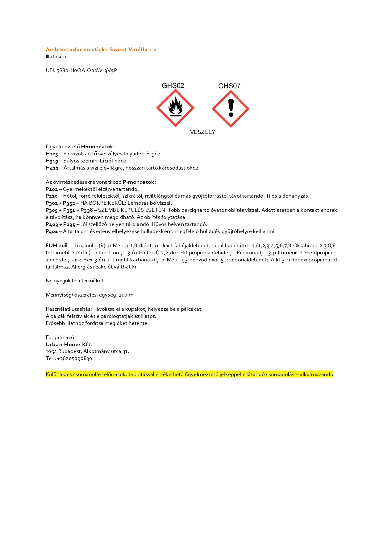 100ml Édes Vanília illat diffúzor utántöltő