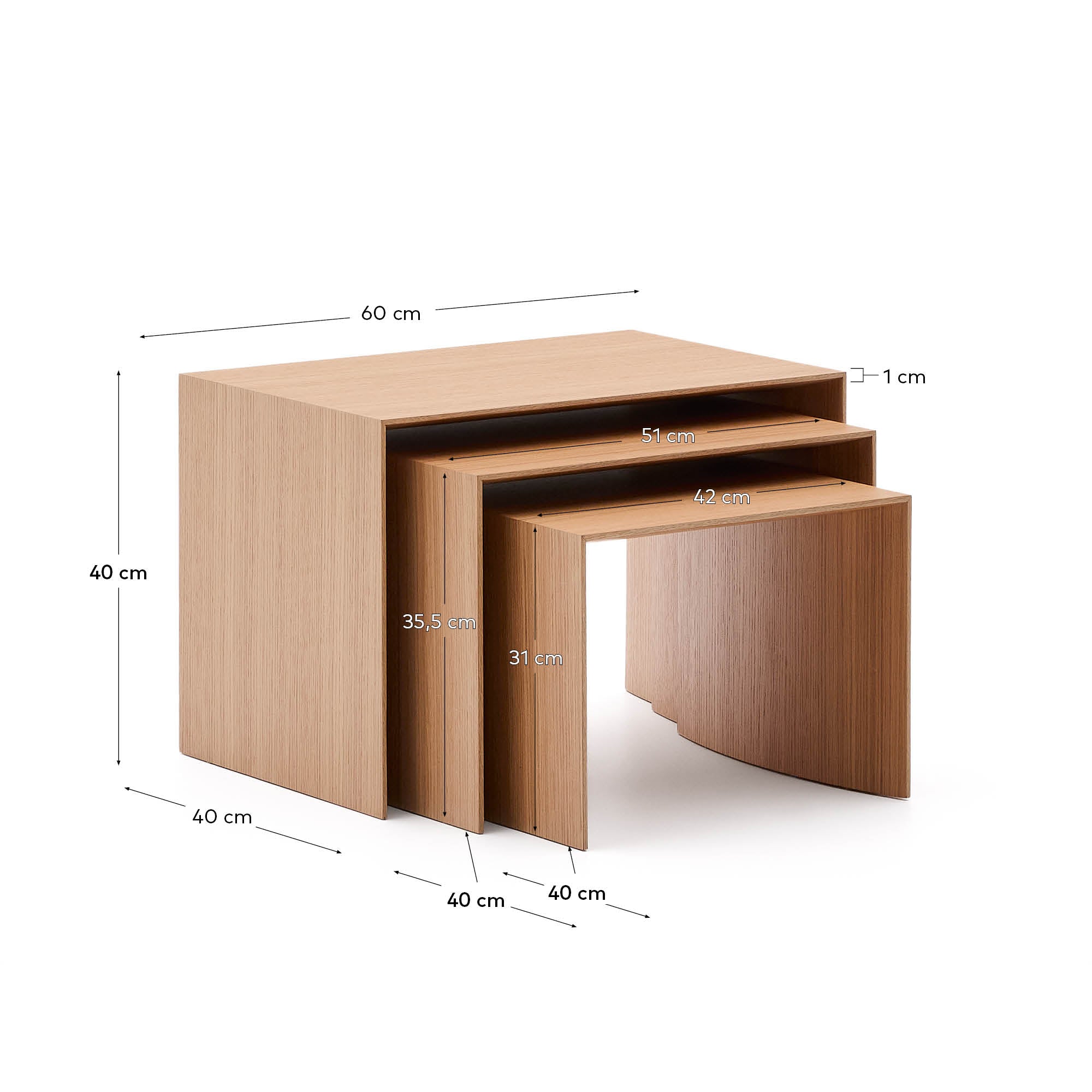 Litto set of 3 oak veneer nesting tables FSC Mix Credit 60 x 40 / 51 x 36 / 42 x 31 cm - Measurements