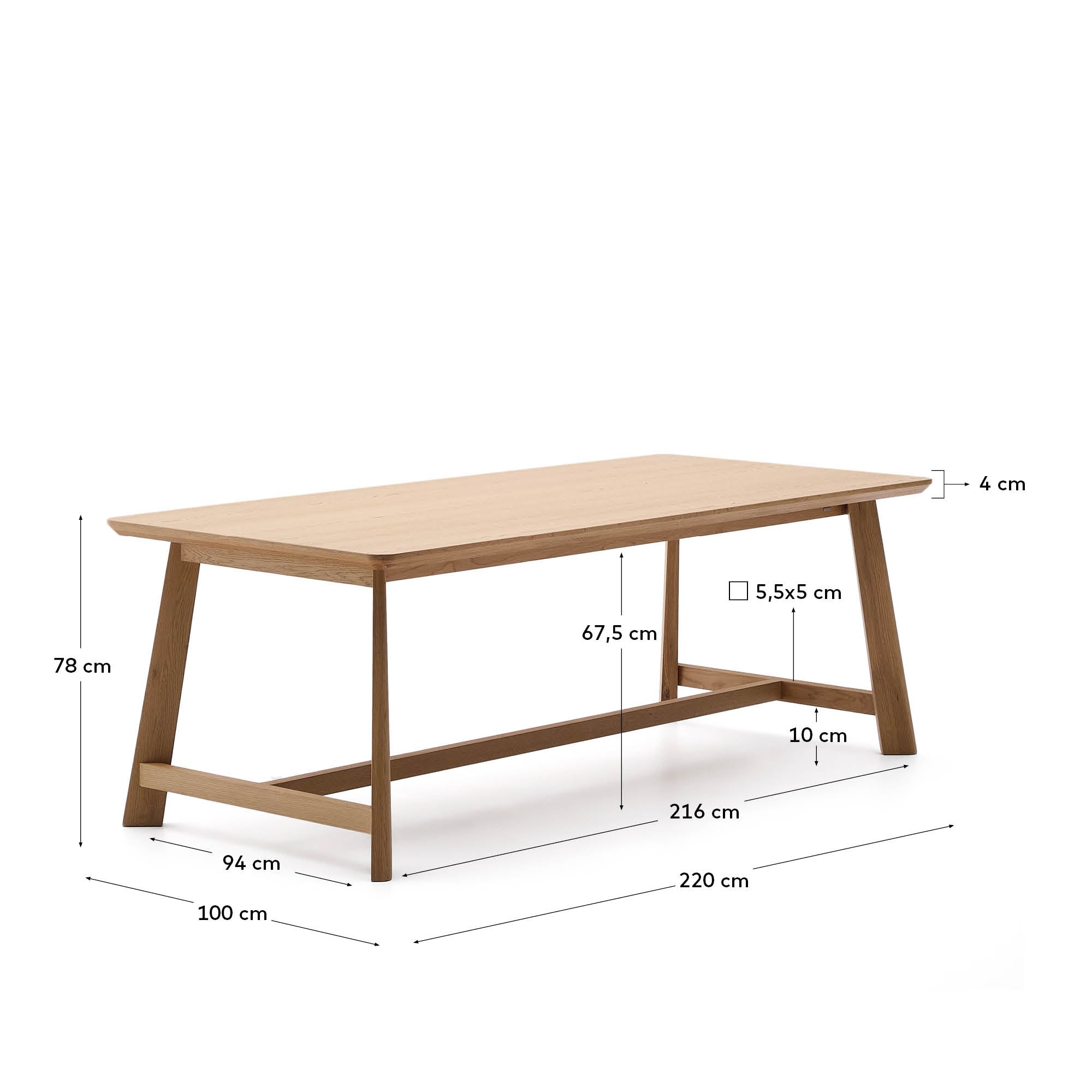 Idun table made of veneer and solid oak wood with natural tone finish FSC Mix Credit 220x100cm - Measurements