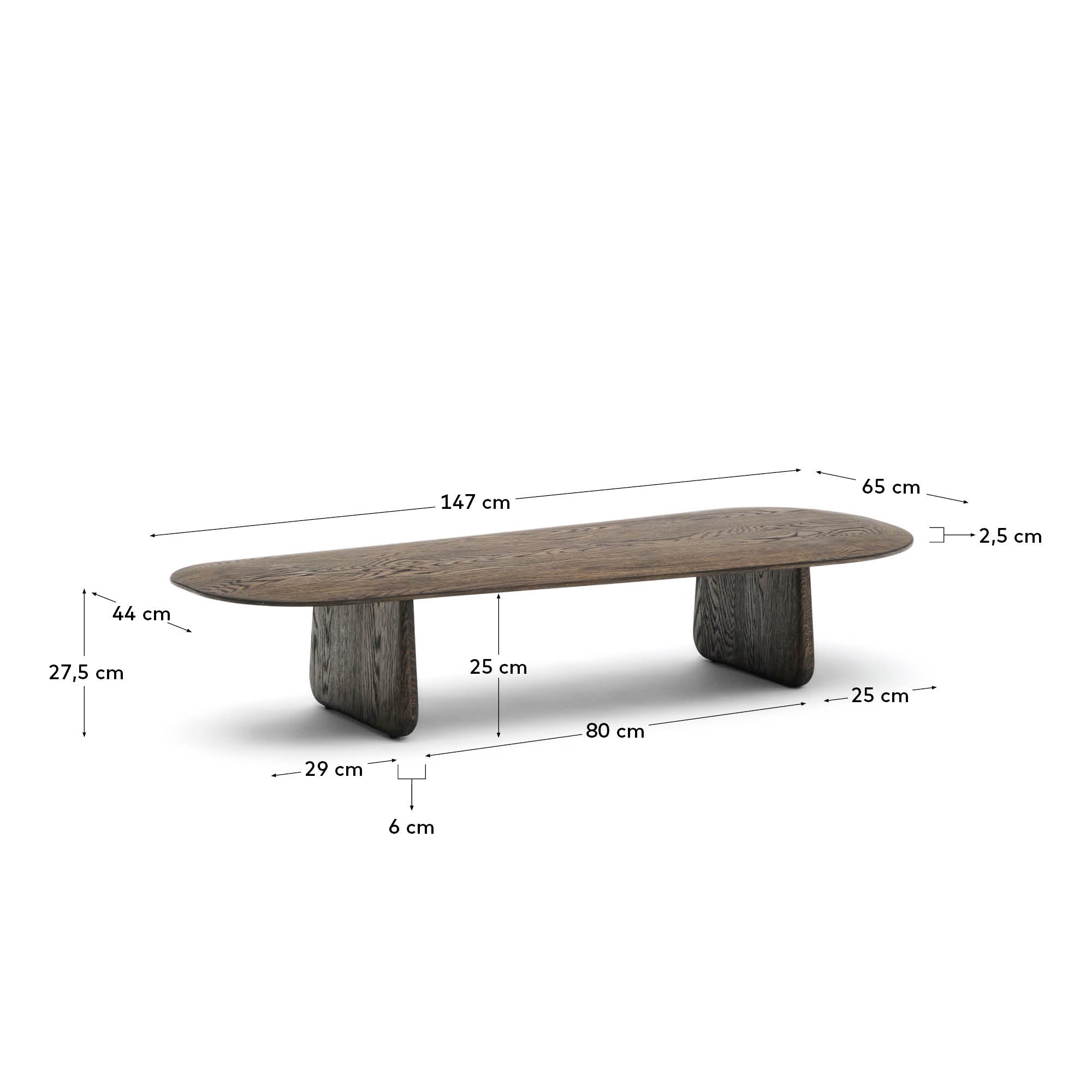 Pirita coffee table made from solid oak wood in a dark finish, 146 x 56.5 cm FSC 100% - Measurements
