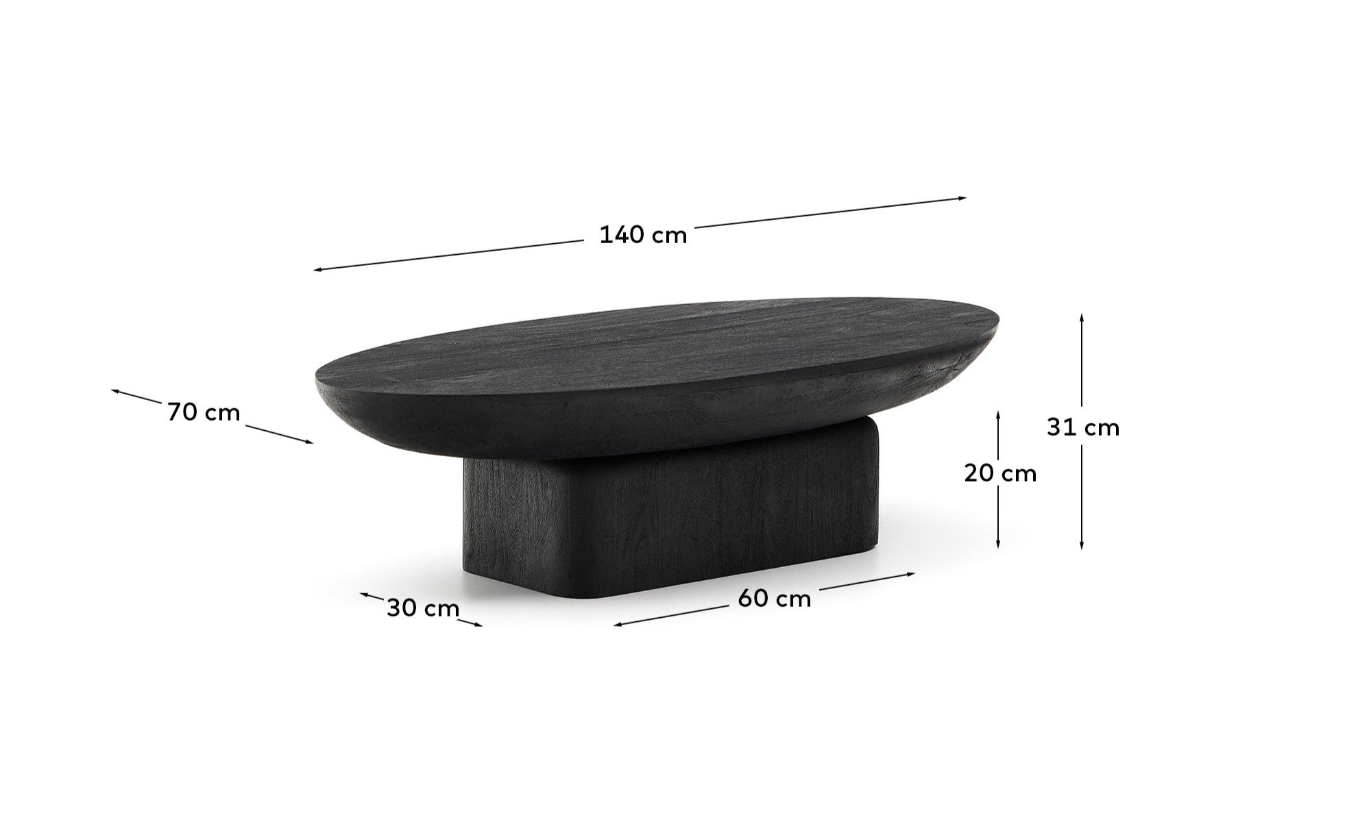 Ovak coffee table in solid acacia wood with black finish FSC 100% 140 x 70cm - Measurements