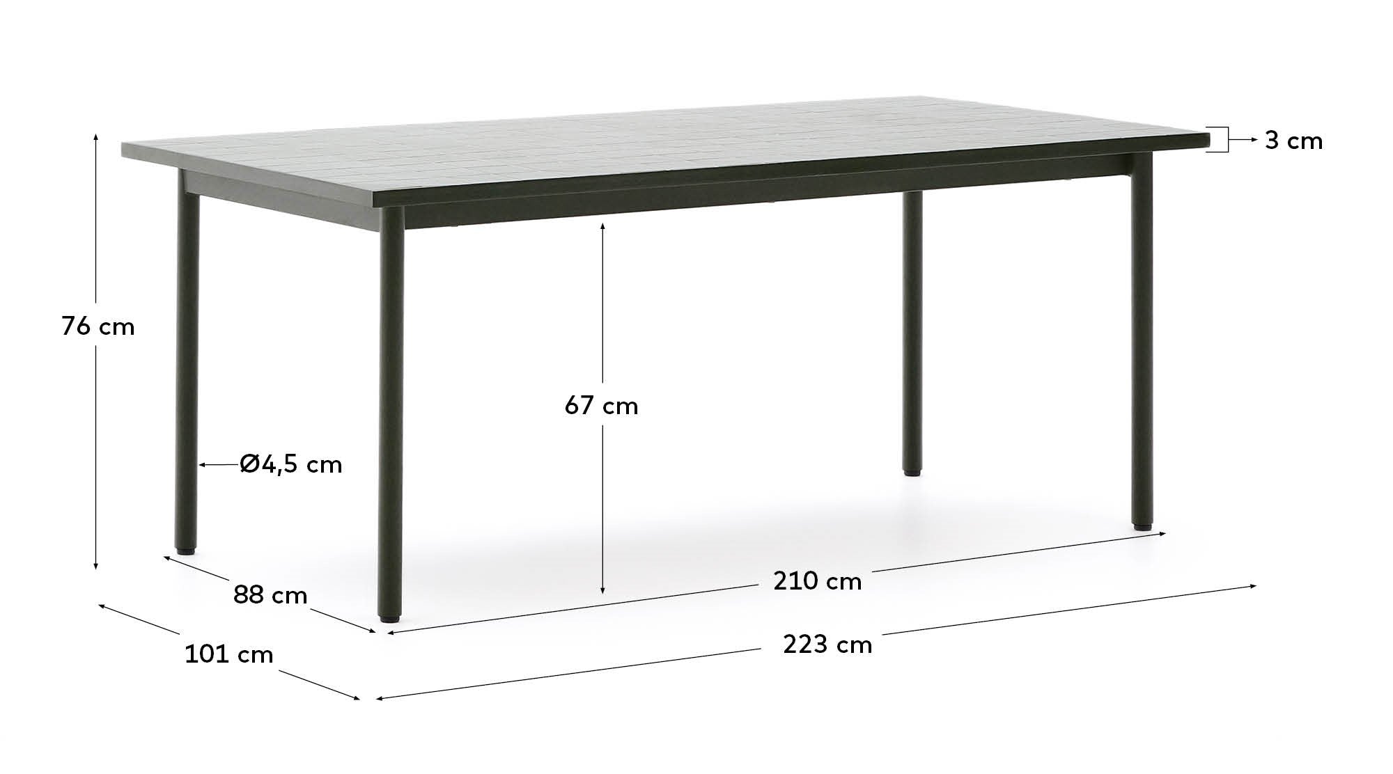 Maurina outdoor table in green galvanised steel with green tiles 223 x 101cm - Measurements
