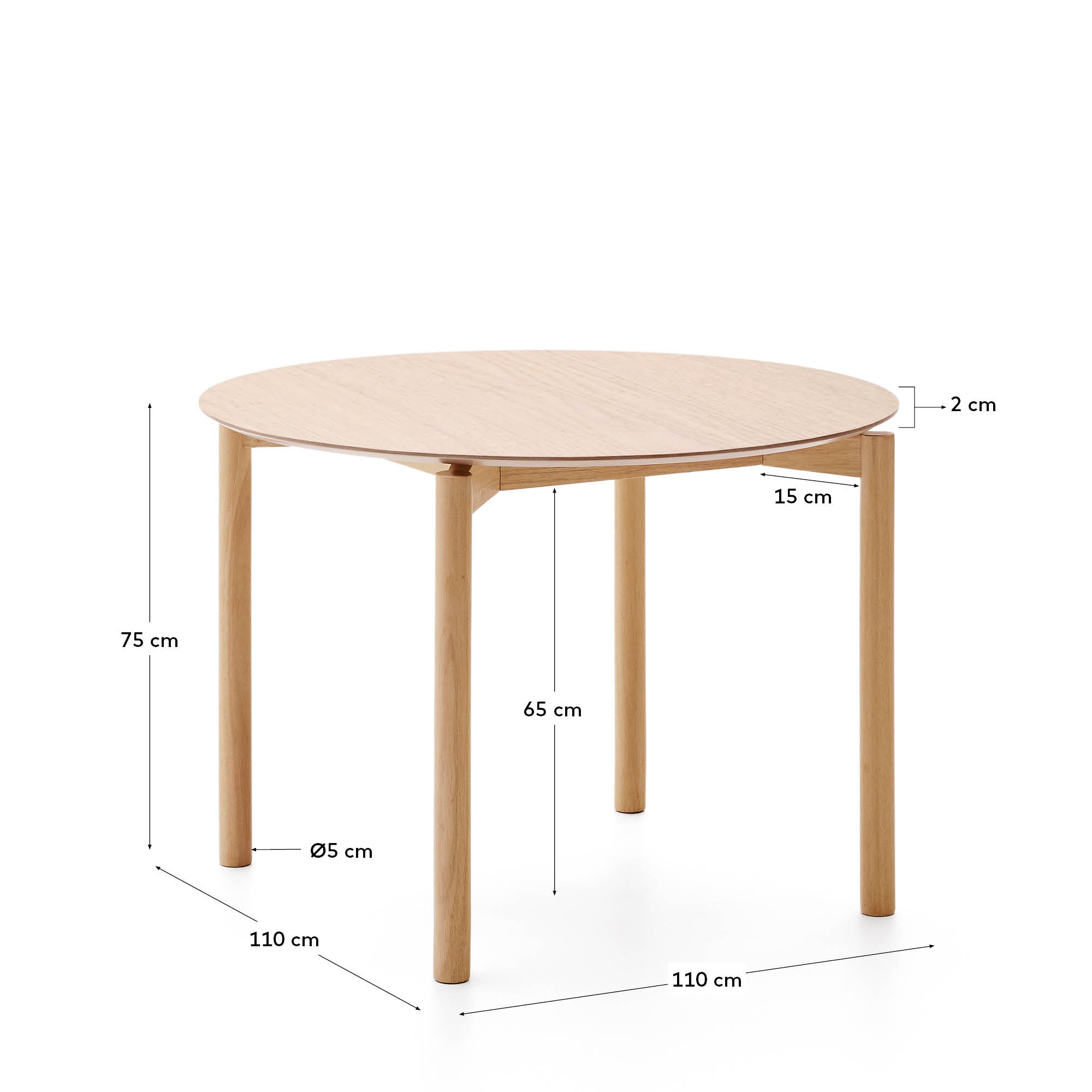 Indara round table in ash veneer with natural finish Ø110 cm - Measurements