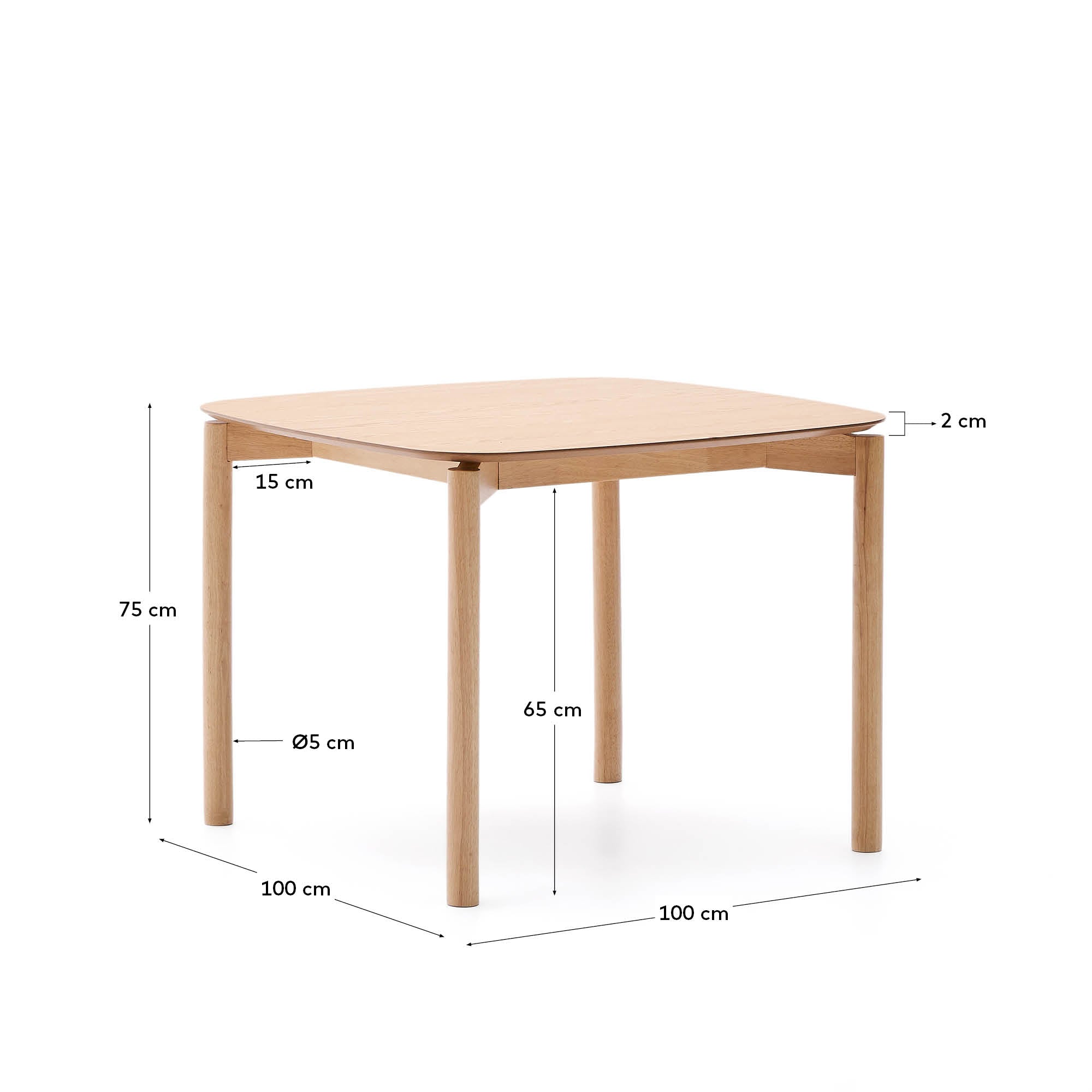 Indara square table in ash veneer with natural finish 100 x 100 cm - Measurements