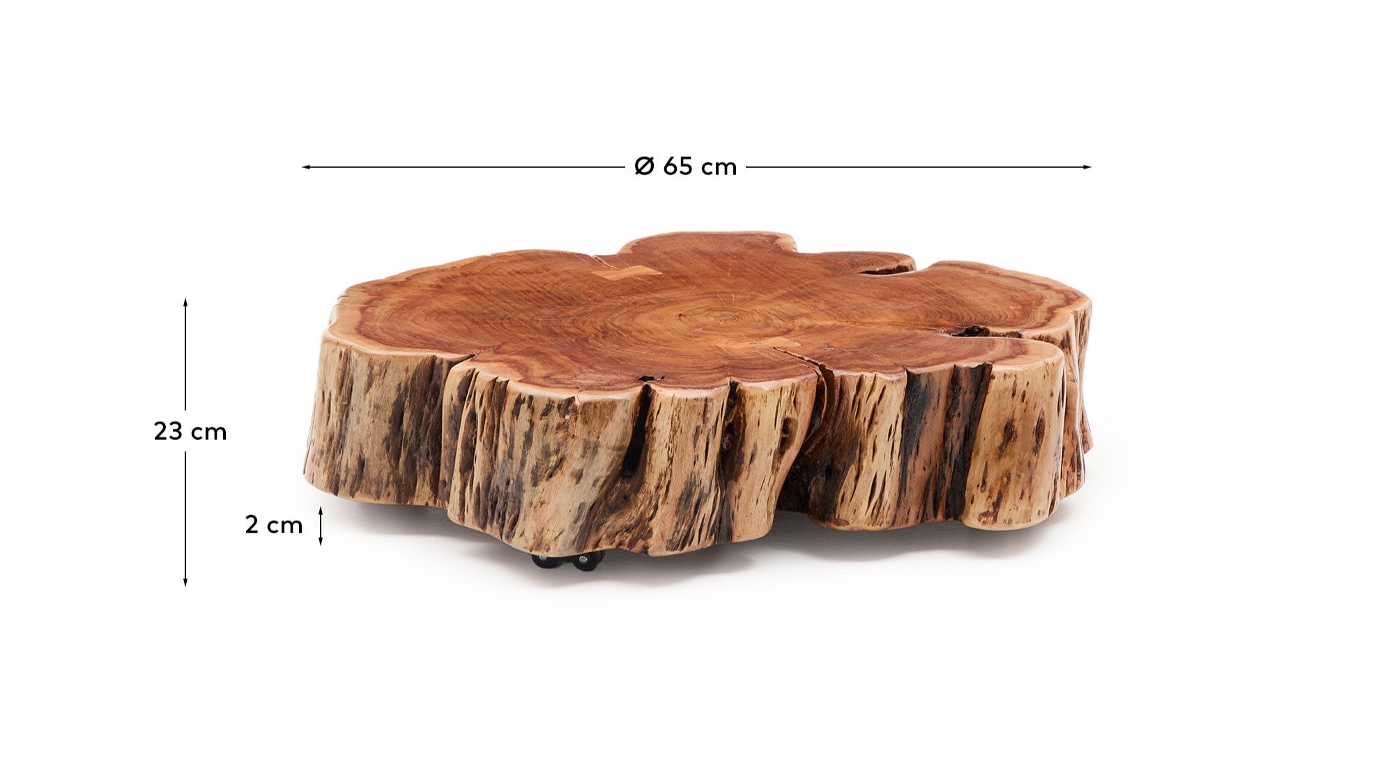 Tavine coffee table in solid acacia wood with bleached finish with wheels Ø65cm - Measurements