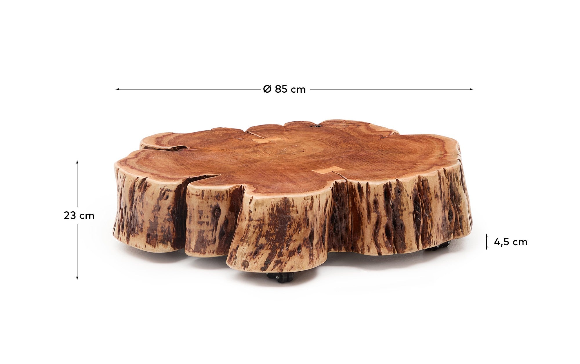Tavine coffee table in solid acacia wood with bleached finish with wheels Ø85cm - Measurements