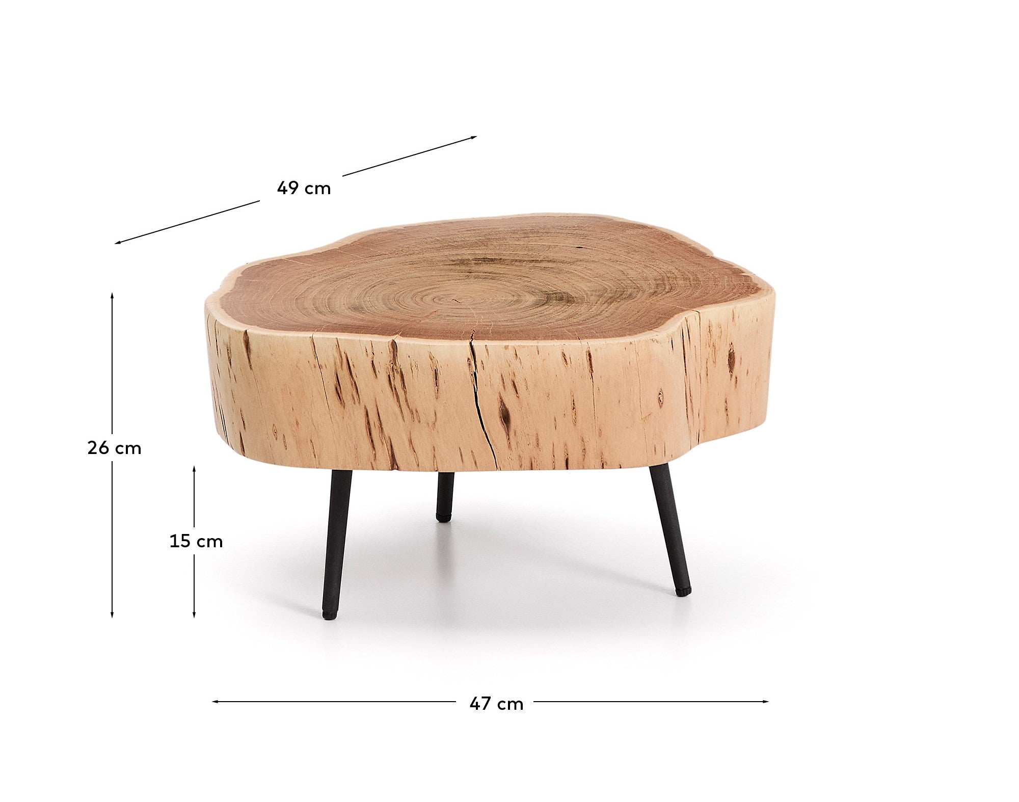 Tavine coffee table in solid acacia wood with bleached finish and black steel legs Ø49cm - Measurements