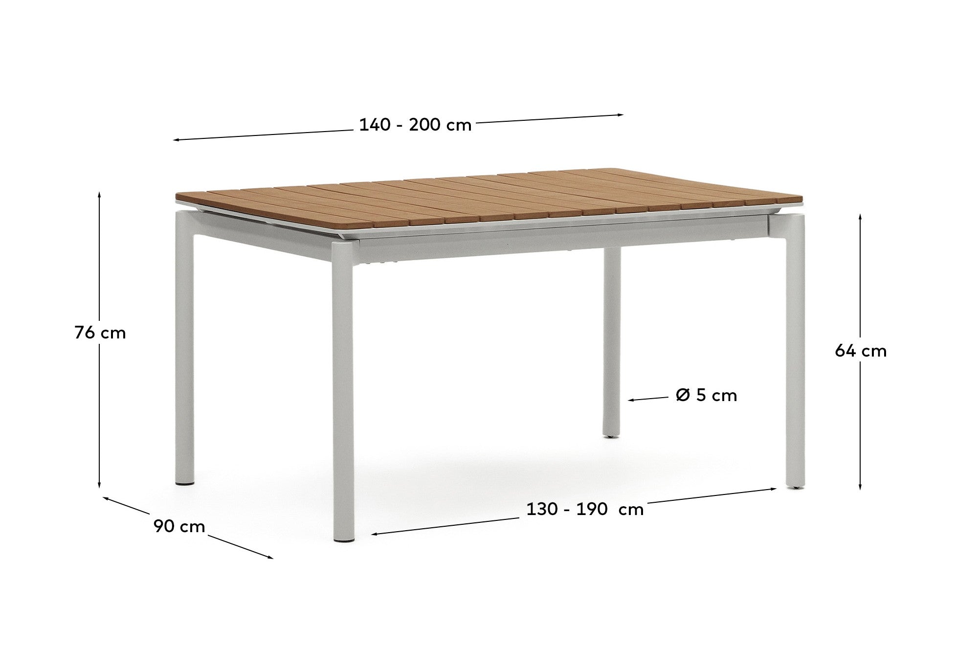 Canyelles outdoor extendable table in polywood and aluminium in light grey 140 (200) x 90cm - Measurements