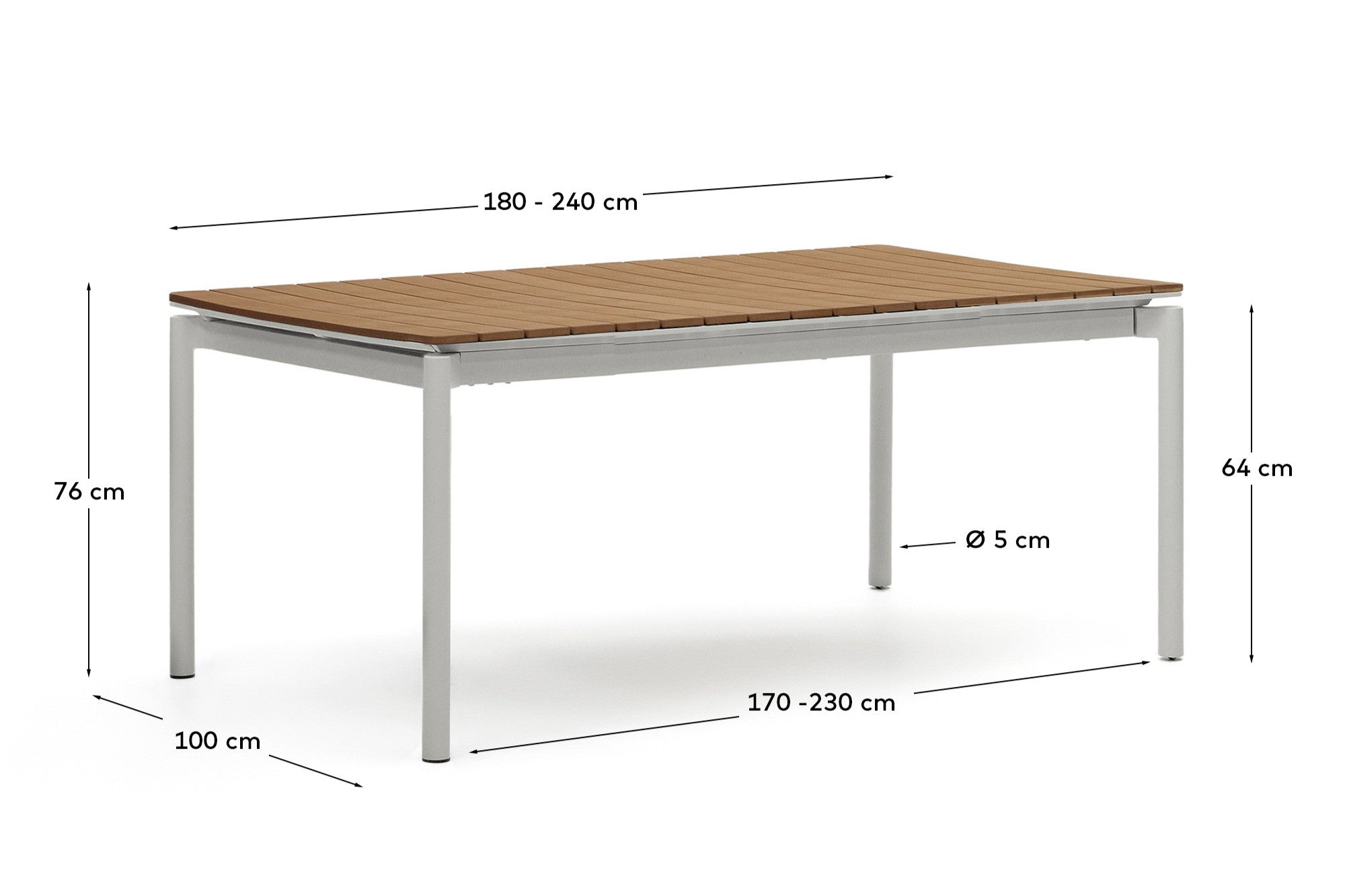 Canyelles outdoor extendable table in polywood and aluminium in light grey 180 (240) x 100cm - Measurements