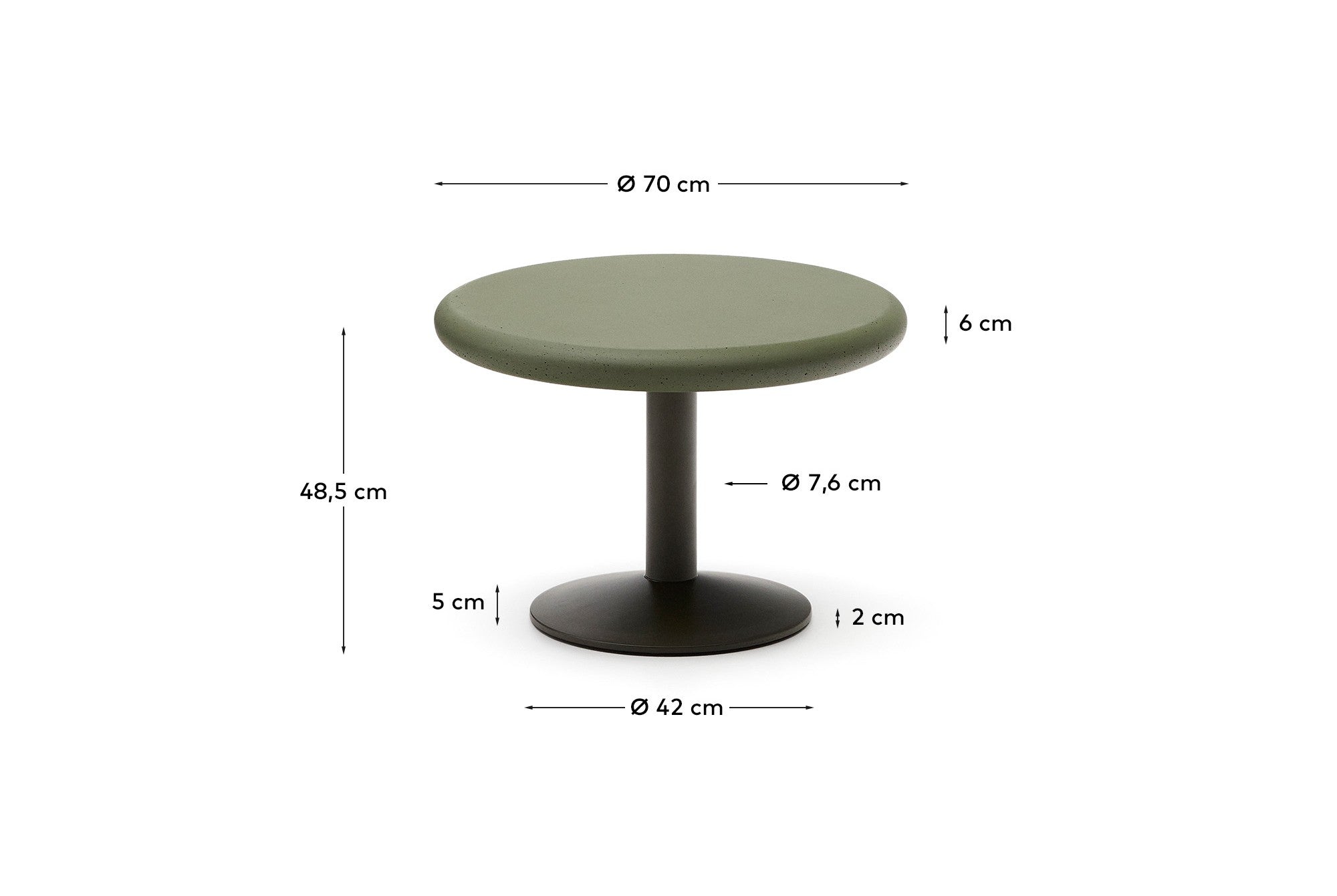 Esilda outdoor round table with green cement top Ø70cm and green steel base Ø42x45cm - Measurements