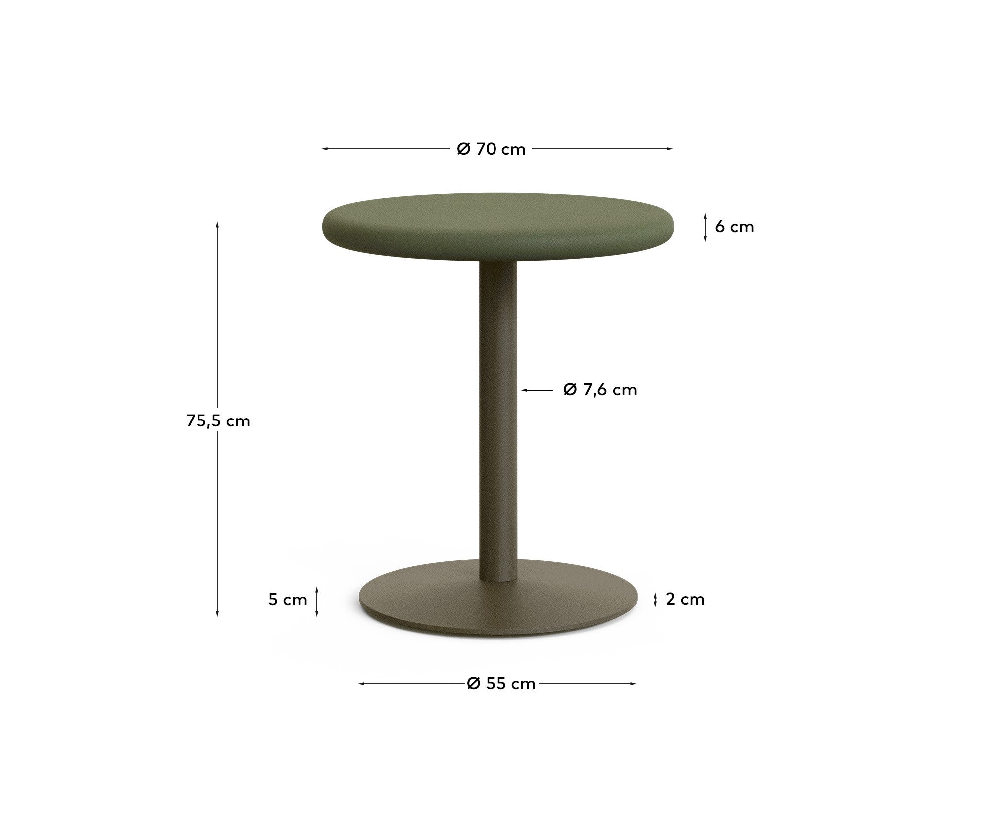 Esilda outdoor round table with green cement top Ø70cm and green steel base Ø55x72cm - Measurements
