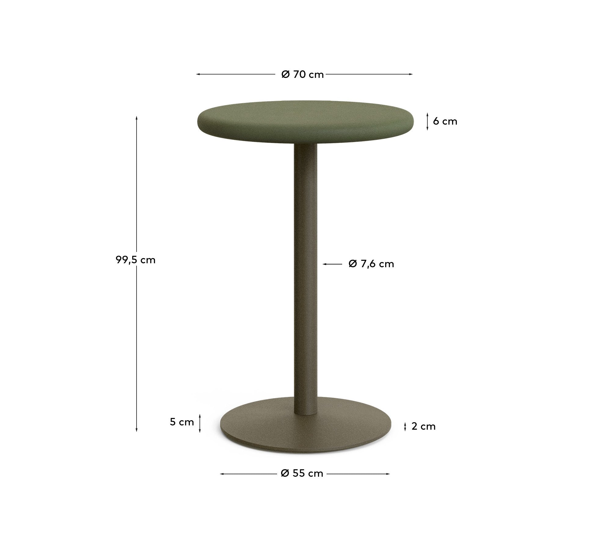 Esilda outdoor tall round table with green cement top Ø70cm and green steel base Ø55x96cm - Measurements