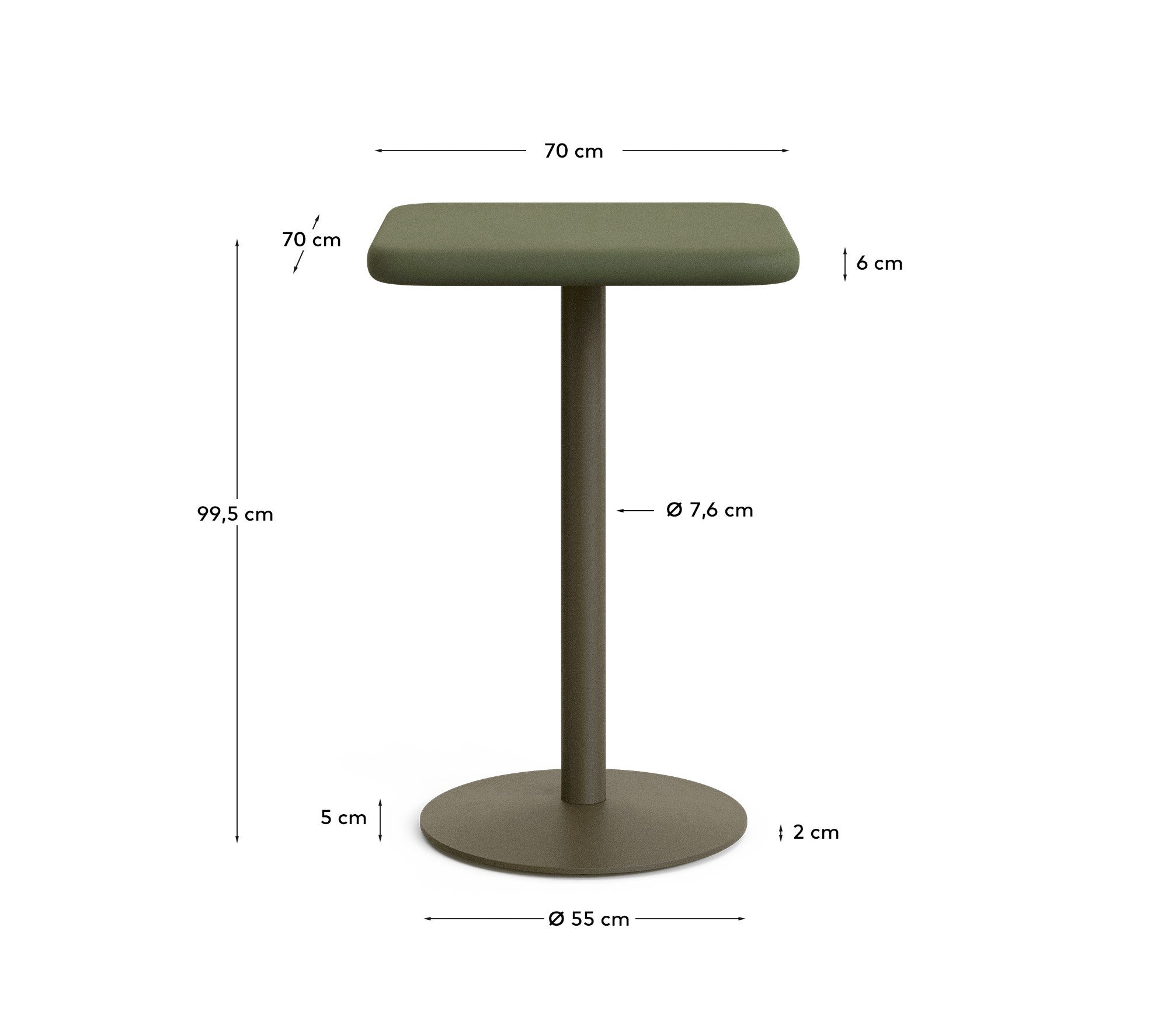 Esilda outdoor tall table with green cement top 70x70cm and green steel base Ø55x96cm - Measurements
