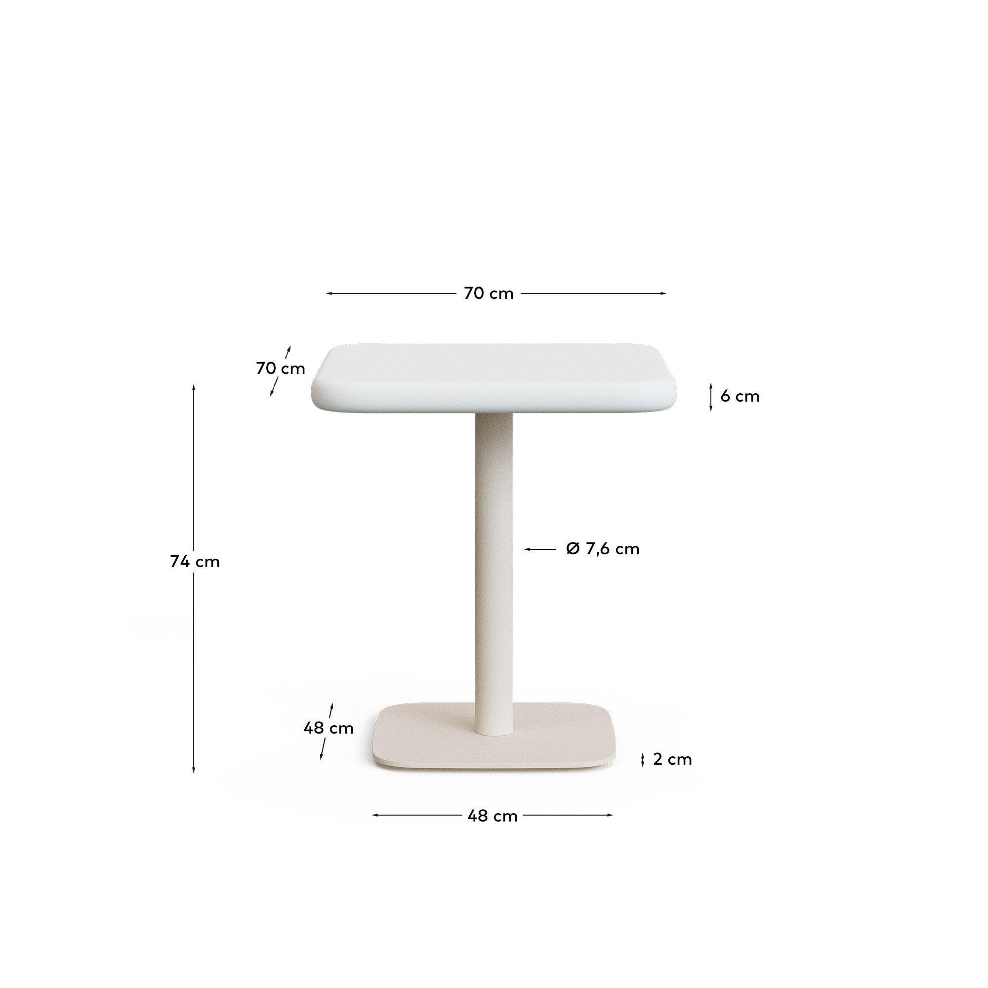 Dina outdoor table with white cement top 70x70cm and white steel base 48x48x72cm - Measurements