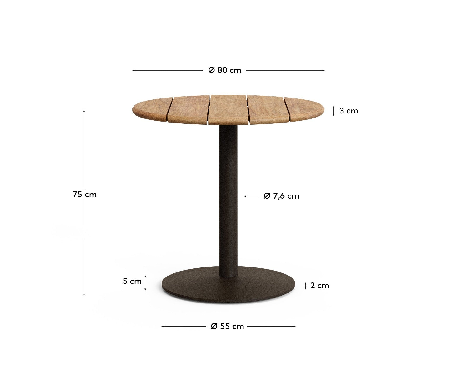 Esilda outdoor round table with FSC 100% acacia top Ø80cm and green steel base Ø55x72cm - Measurements