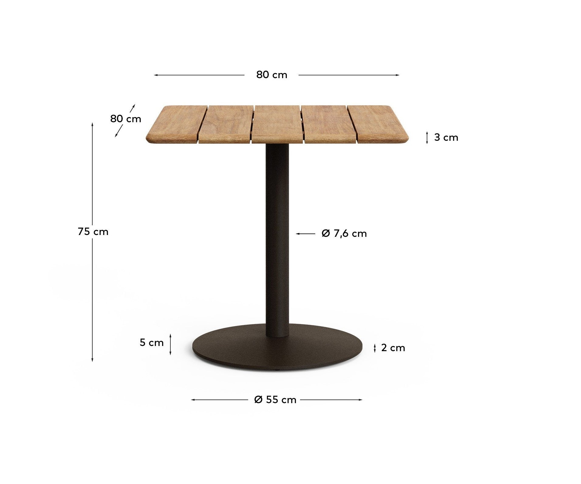 Esilda outdoor table with FSC 100% acacia top 80x80cm and green steel base Ø55x72cm - Measurements