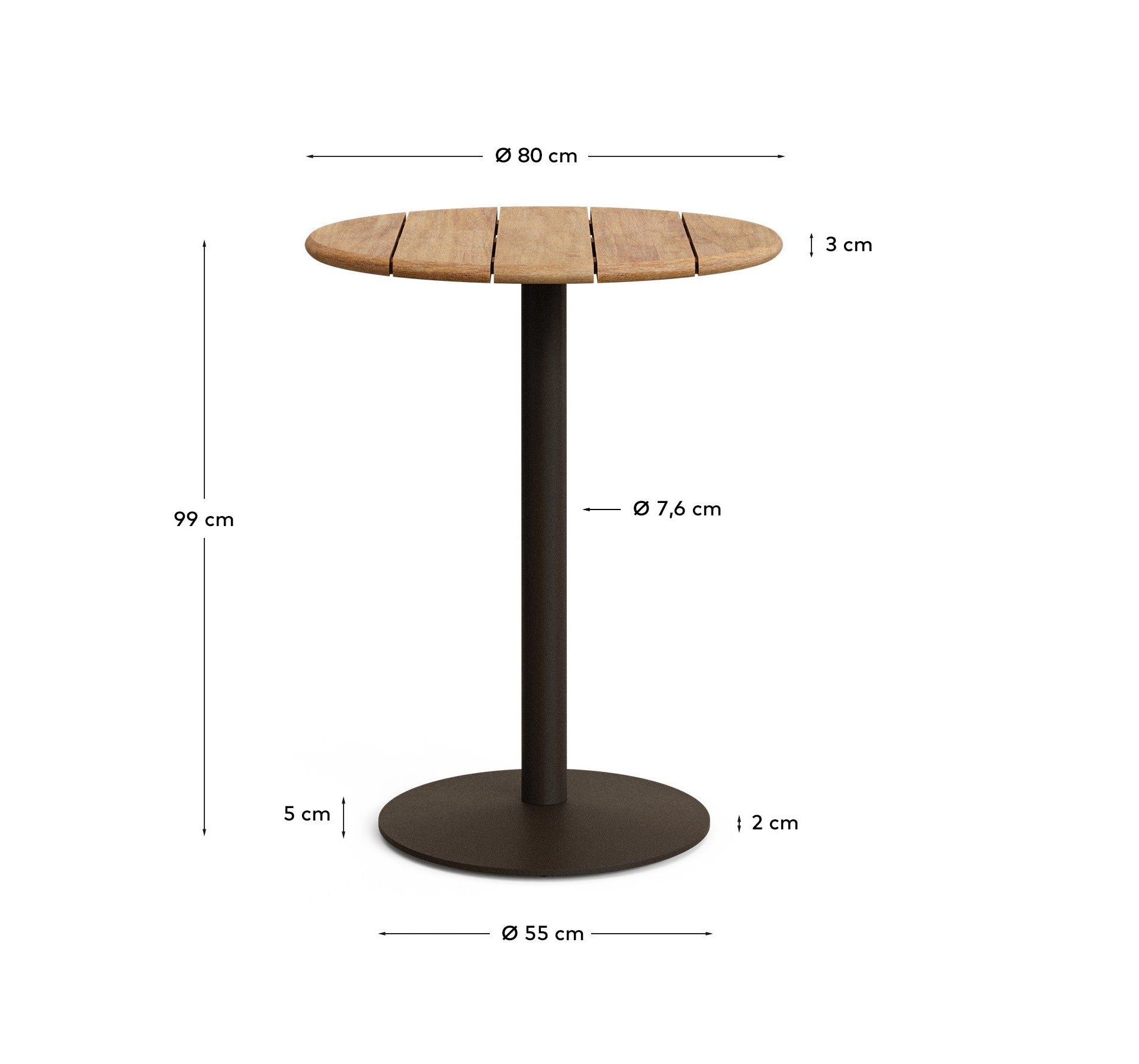 Esilda outdoor tall round table with FSC 100% acacia top Ø80cm and green steel base Ø55x96cm - Measurements