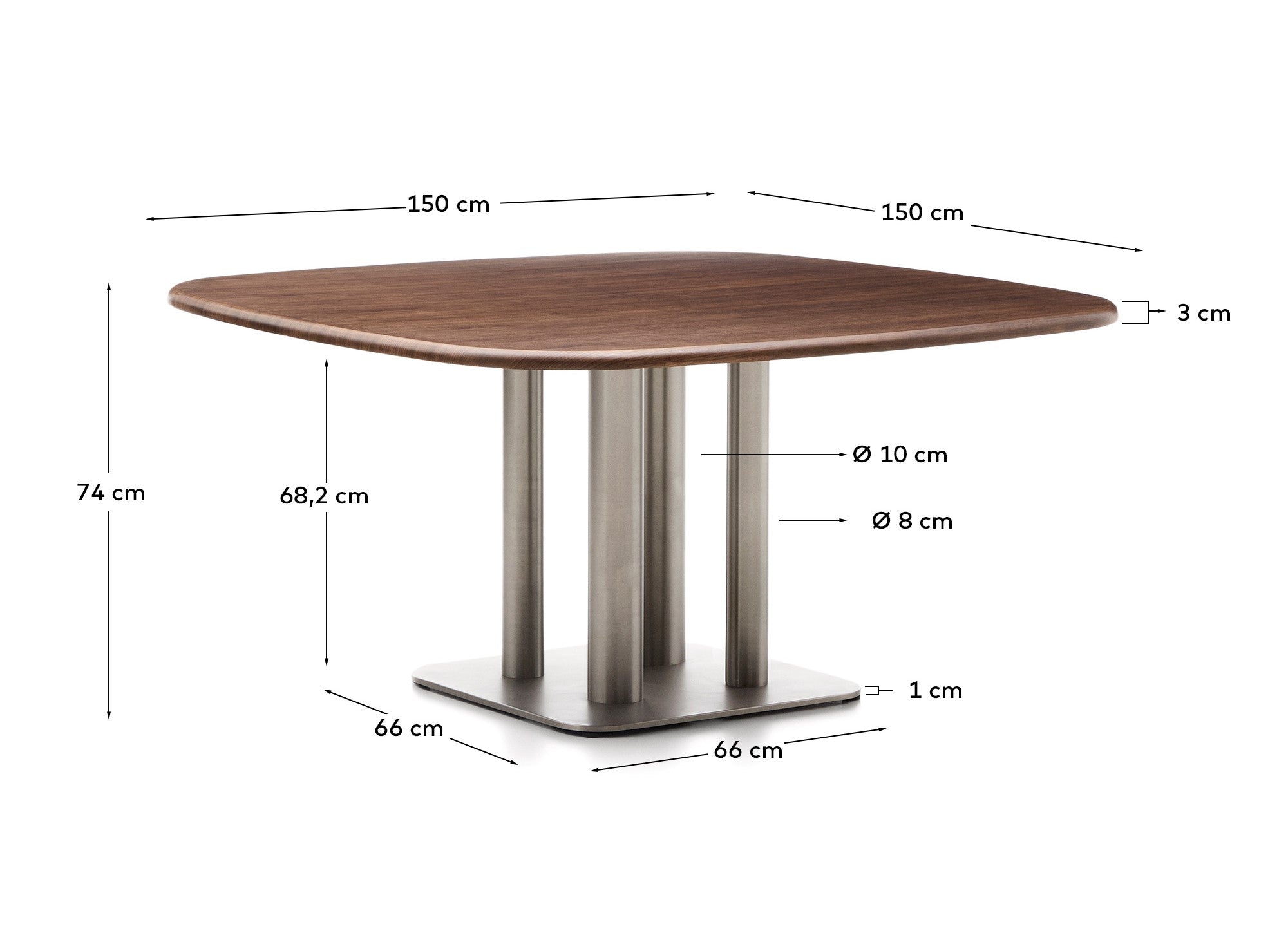 Melvar table made from walnut veneer and legs with brushed stainless steel base 150 x 150cm - Measurements