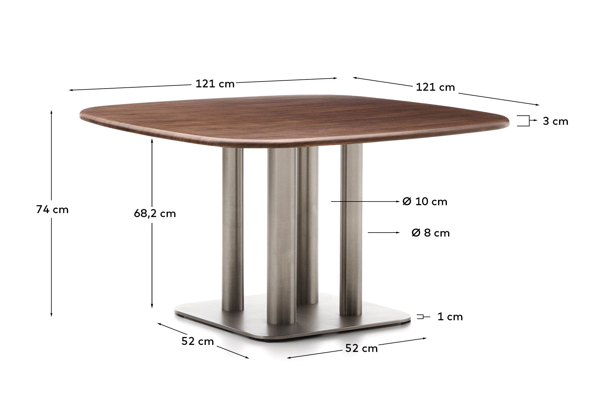Melvar table made from walnut veneer and legs with brushed stainless steel base 121 x 121cm - Measurements