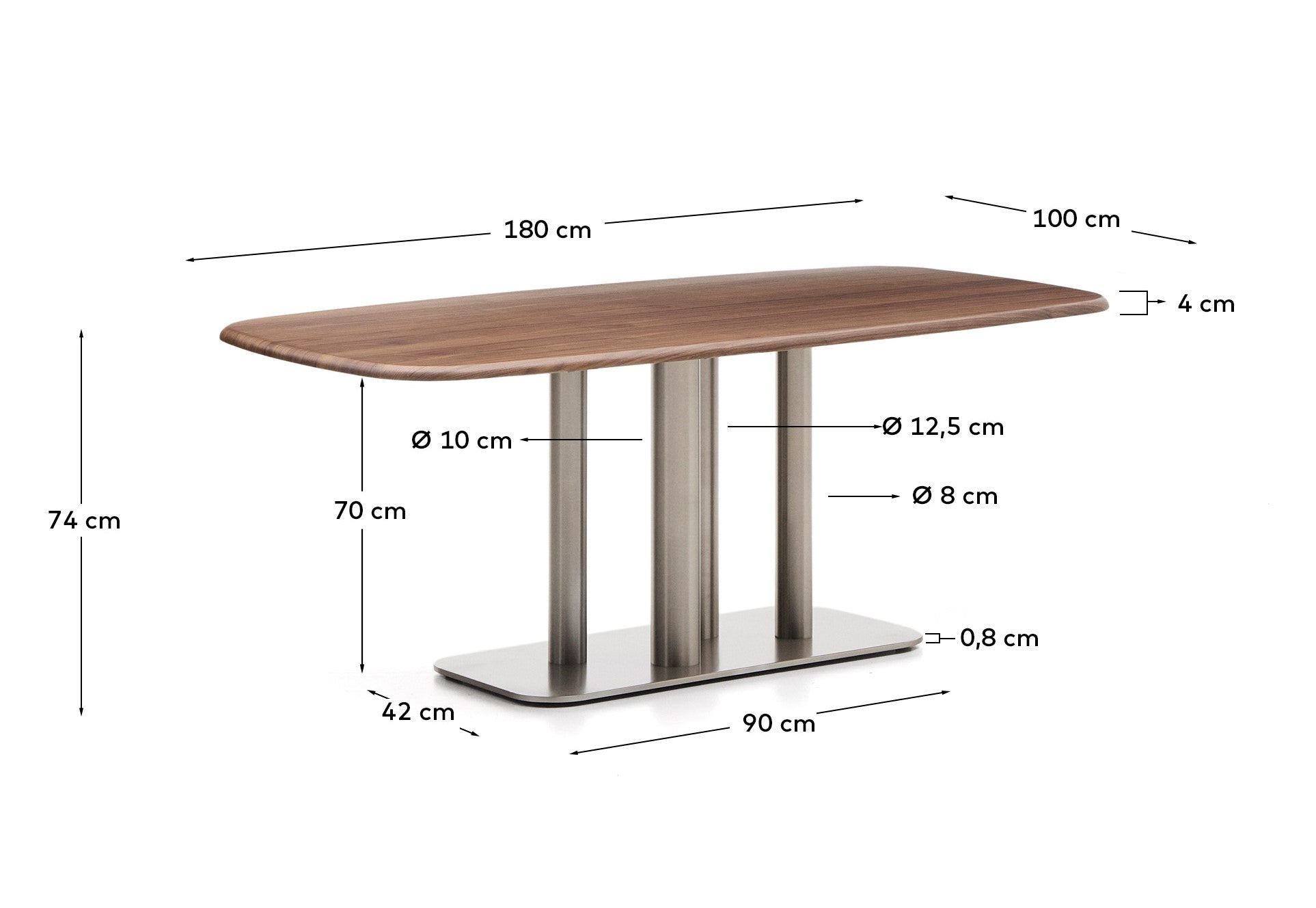 Melvar table made from walnut veneer and legs with brushed stainless steel base 180 x 100cm - Measurements