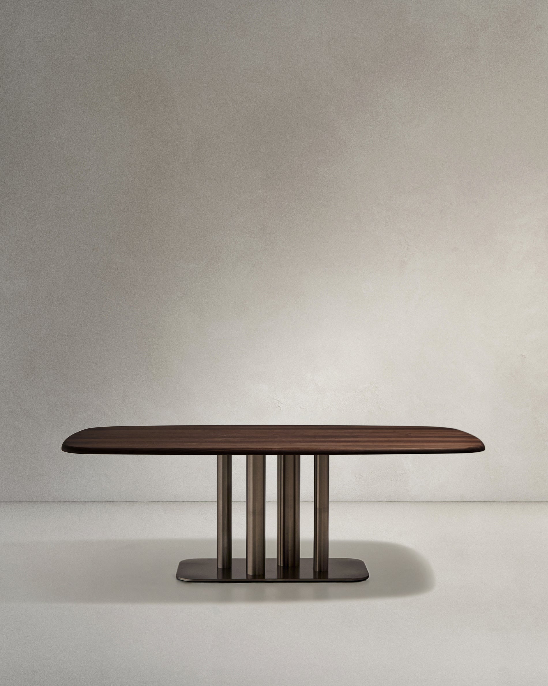 Melvar table made from walnut veneer and legs with brushed stainless steel base 180 x 100cm - Product View