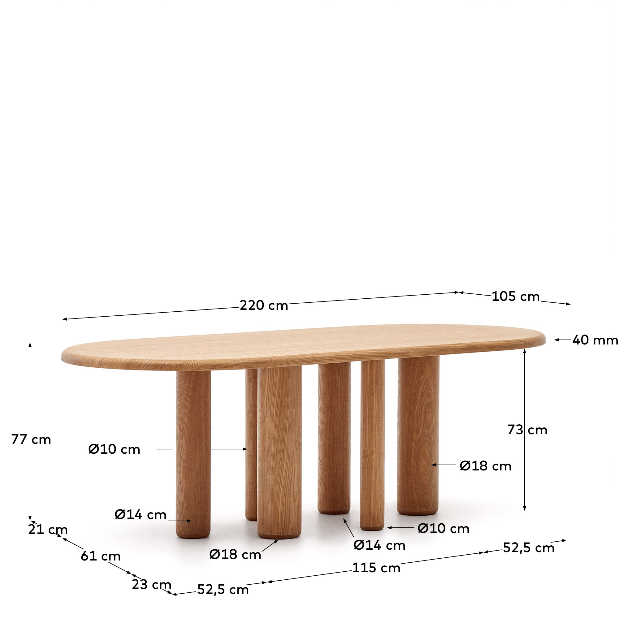 Mailen oval table in ash wood veneer with natural finish, Ø 220 x 105 cm - Measurements