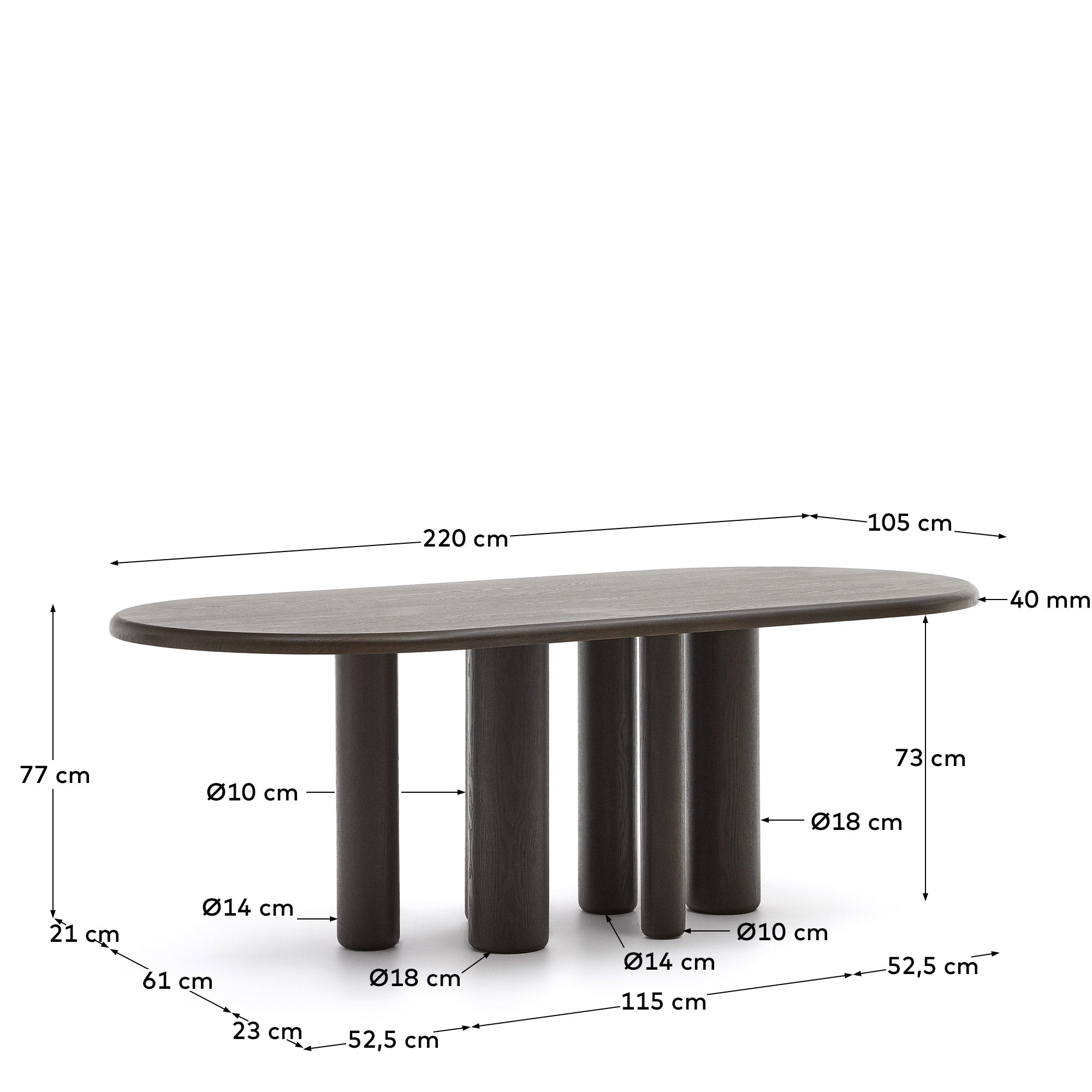 Mailen oval table in ash wood veneer with dark finish, Ø 220 x 105 cm - Measurements