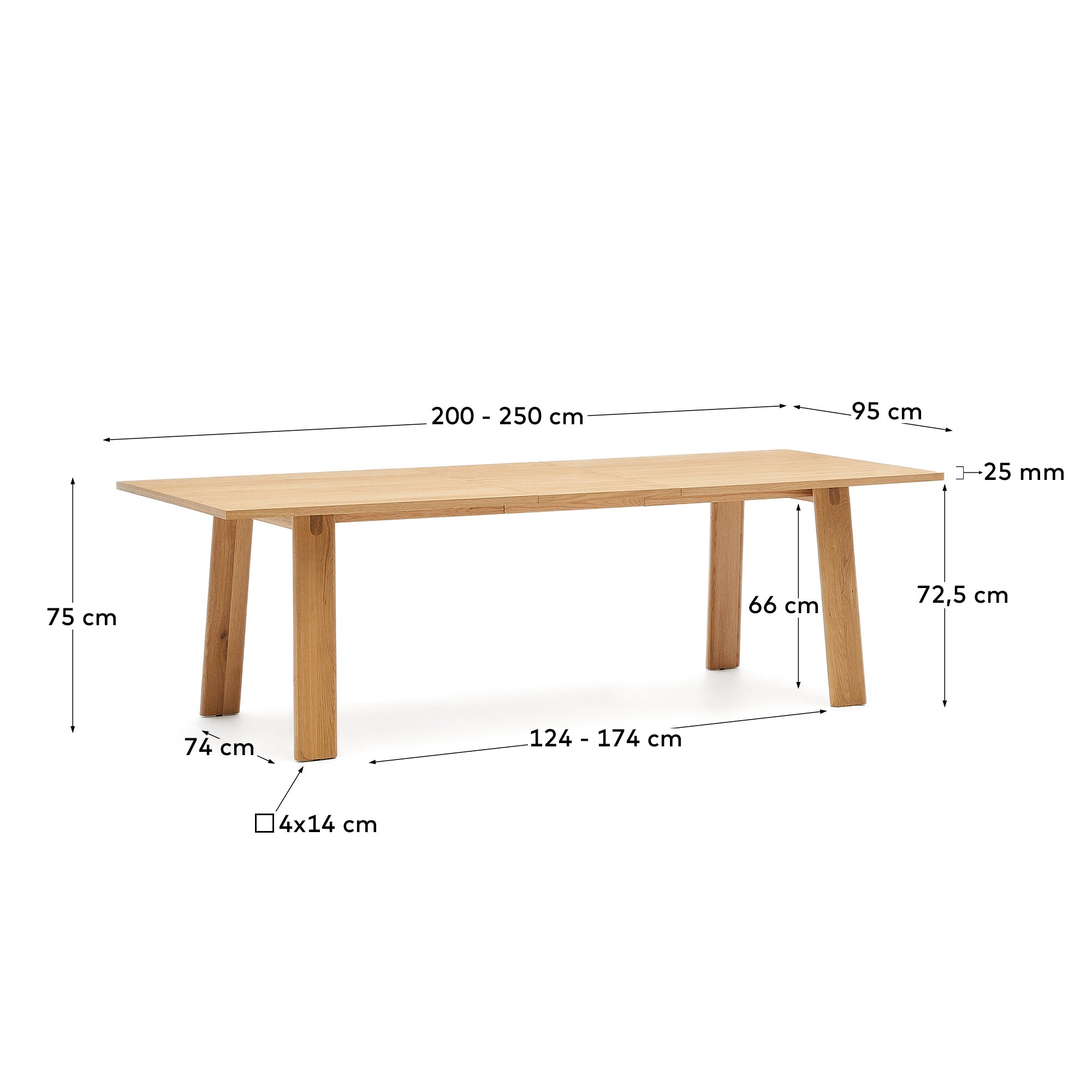 Arlen extendable table in solid oak wood and veneer with a natural finish 200(250)x95cm FSC Mix Credit - Measurements
