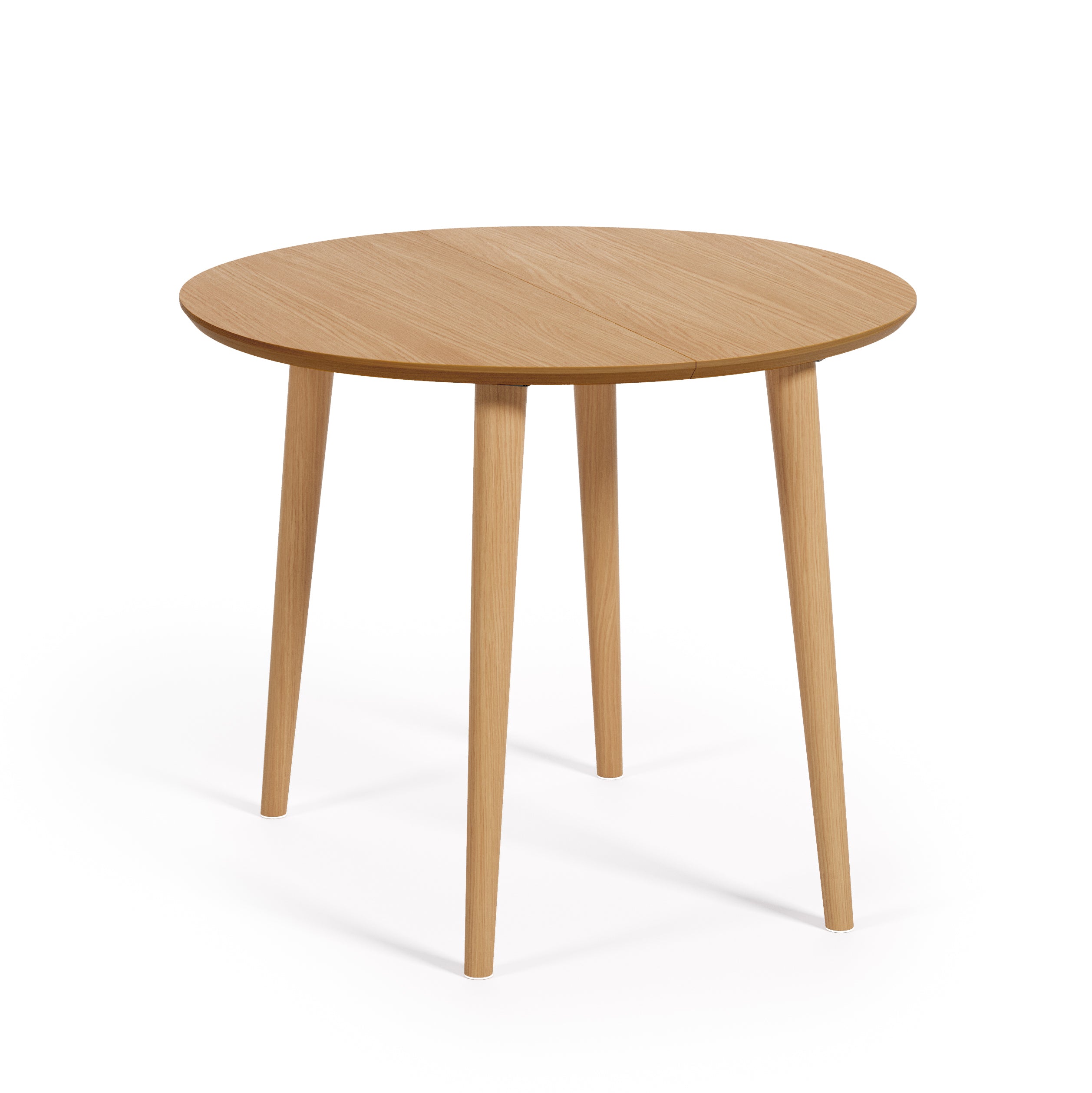 Oqui extendable round table in MDF oak veneer and solid wood legs, 90 (170) x 90 cm - Product Image