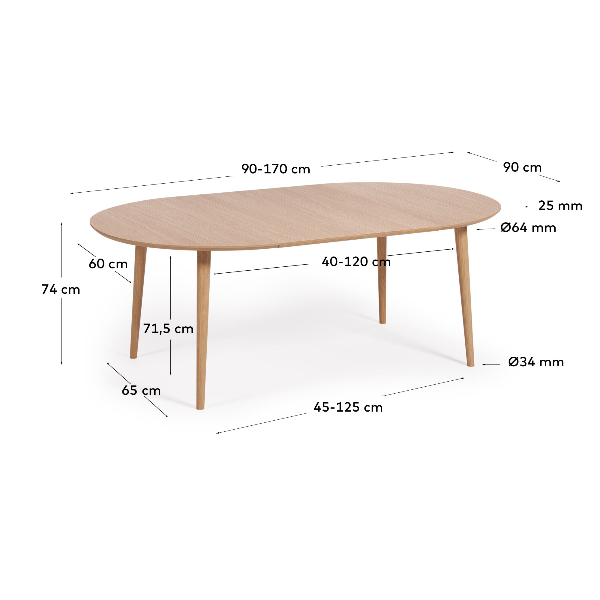 Oqui extendable round table in MDF oak veneer and solid wood legs, 90 (170) x 90 cm - Measurements