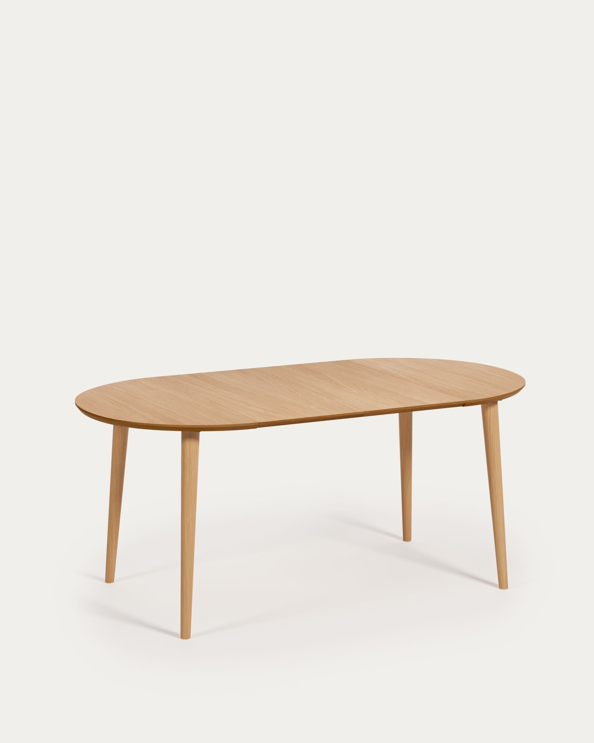 Oqui extendable round table in MDF oak veneer and solid wood legs, 90 (170) x 90 cm - Product View