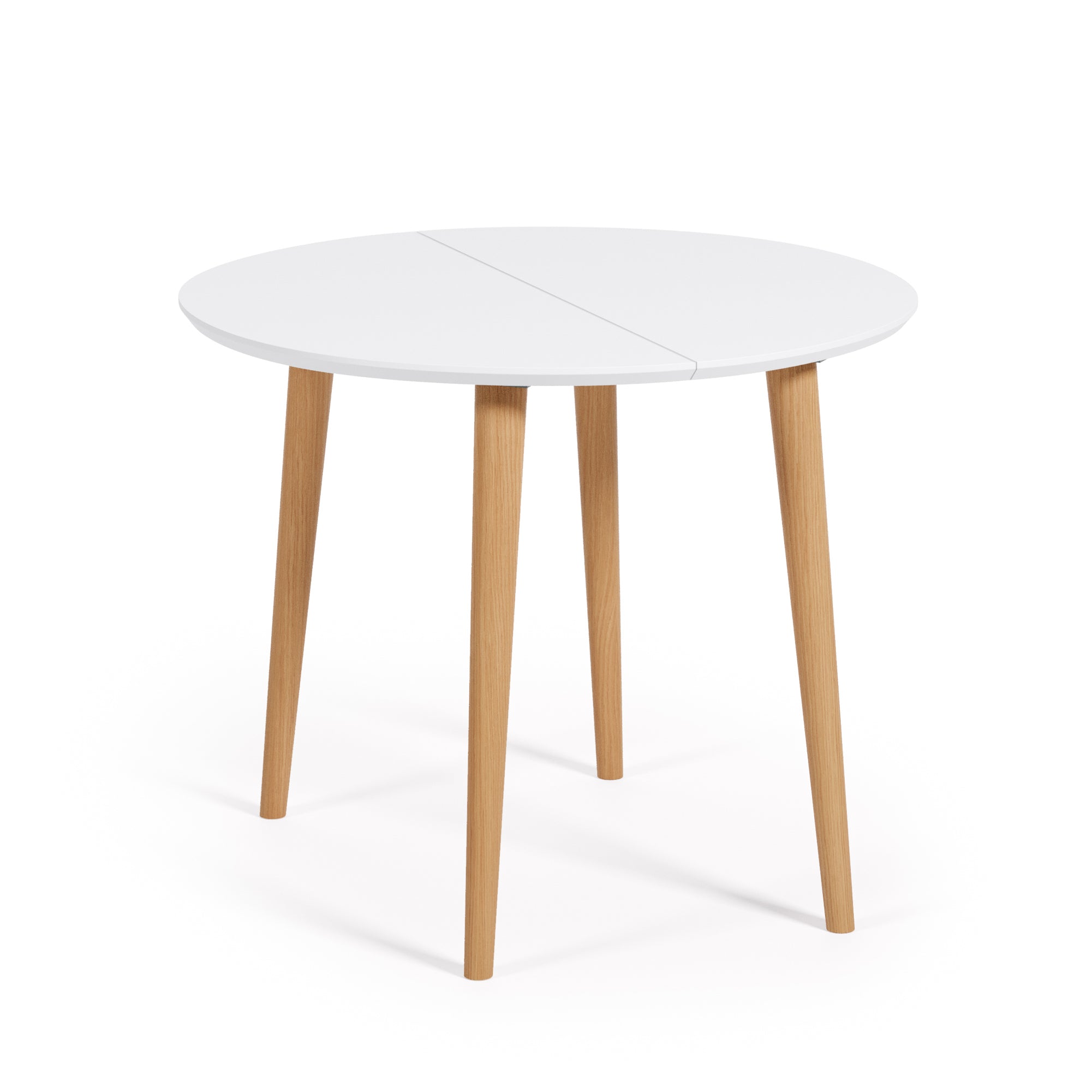 Oqui extendable round table in MDF with white lacquer and solid beech wood legs, 90 (170) x 90 cm - Product Image