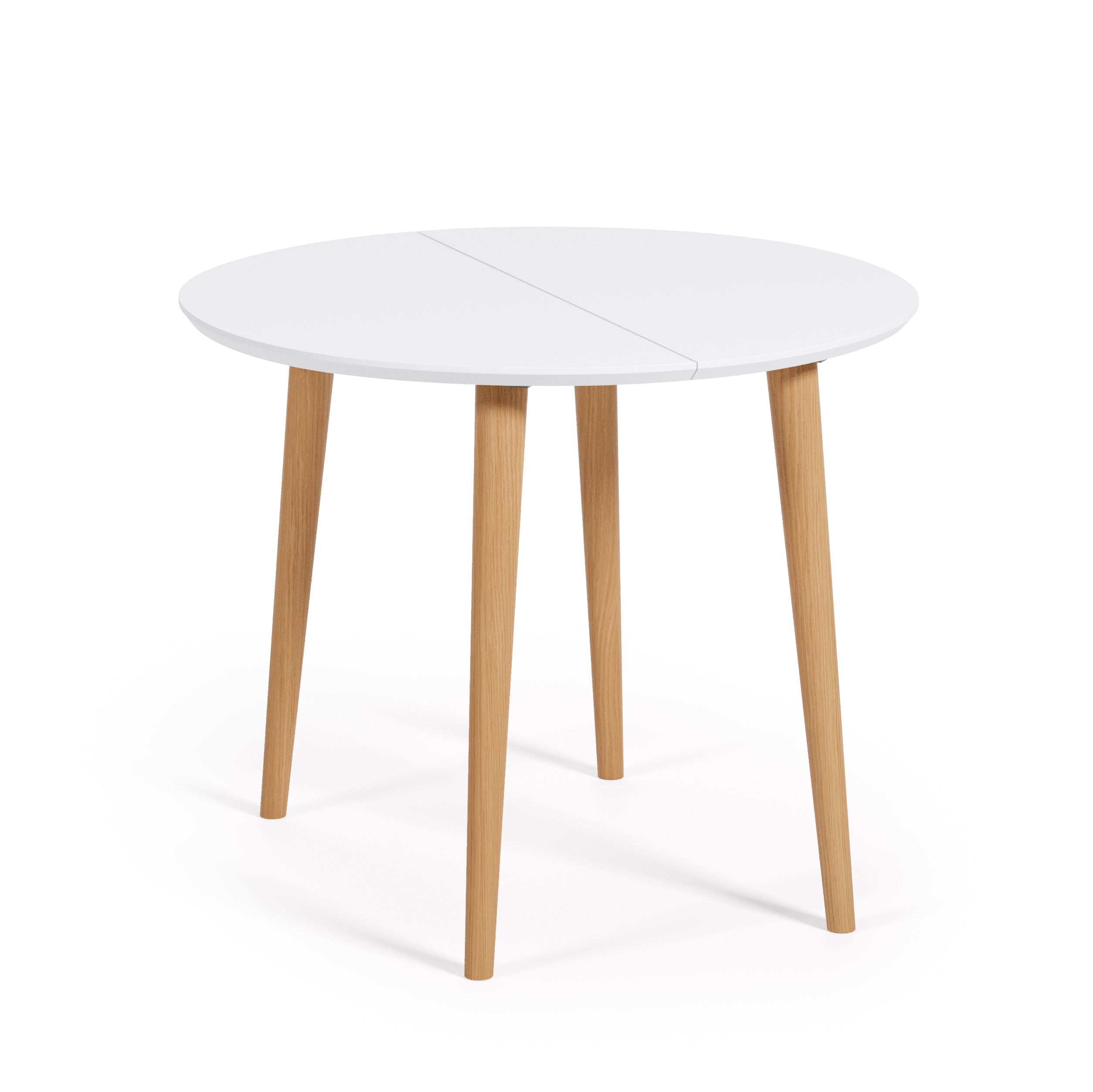 Oqui extendable round table in MDF with white lacquer and solid beech wood legs, 90 (170) x 90 cm - Product Image