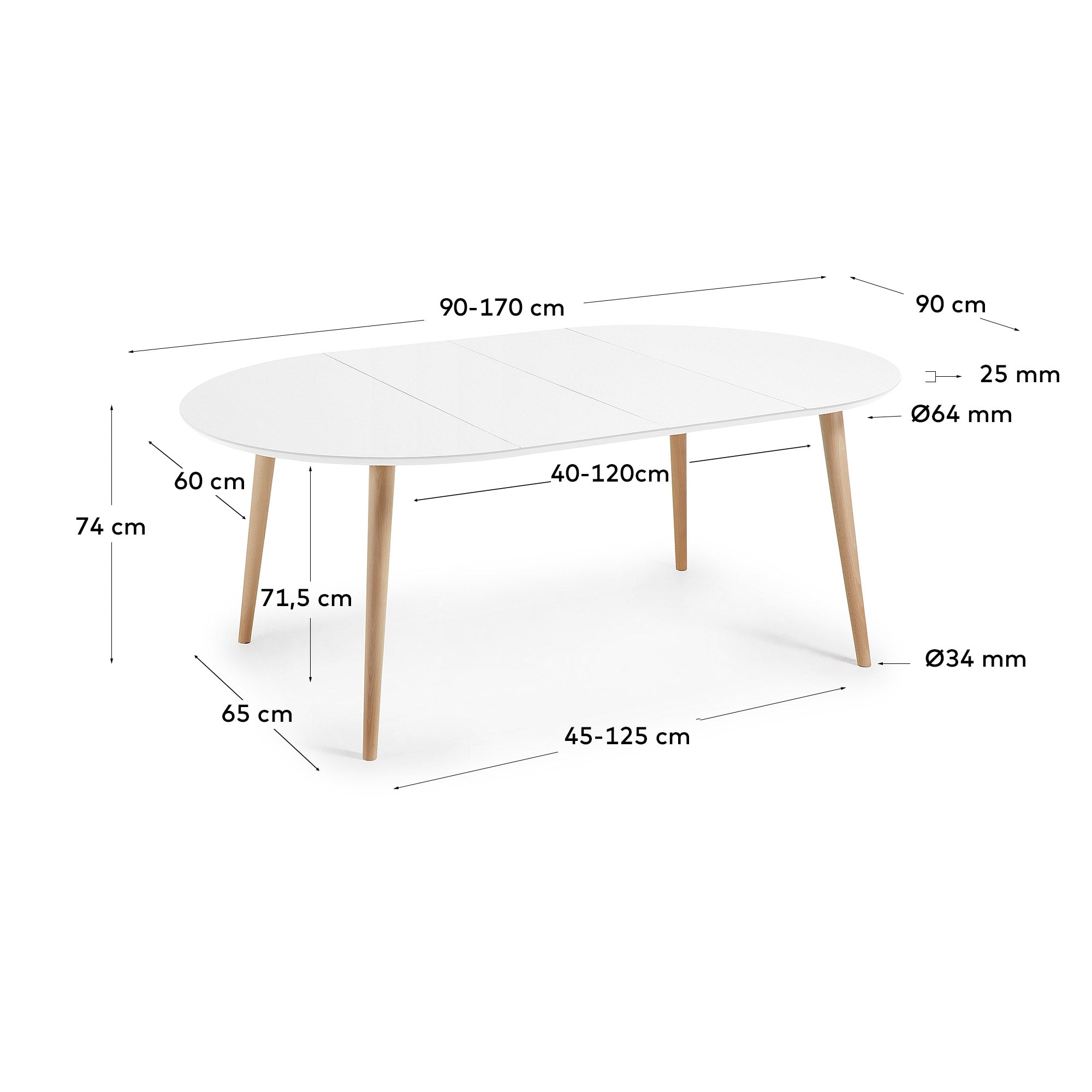 Oqui extendable round table in MDF with white lacquer and solid beech wood legs, 90 (170) x 90 cm - Measurements
