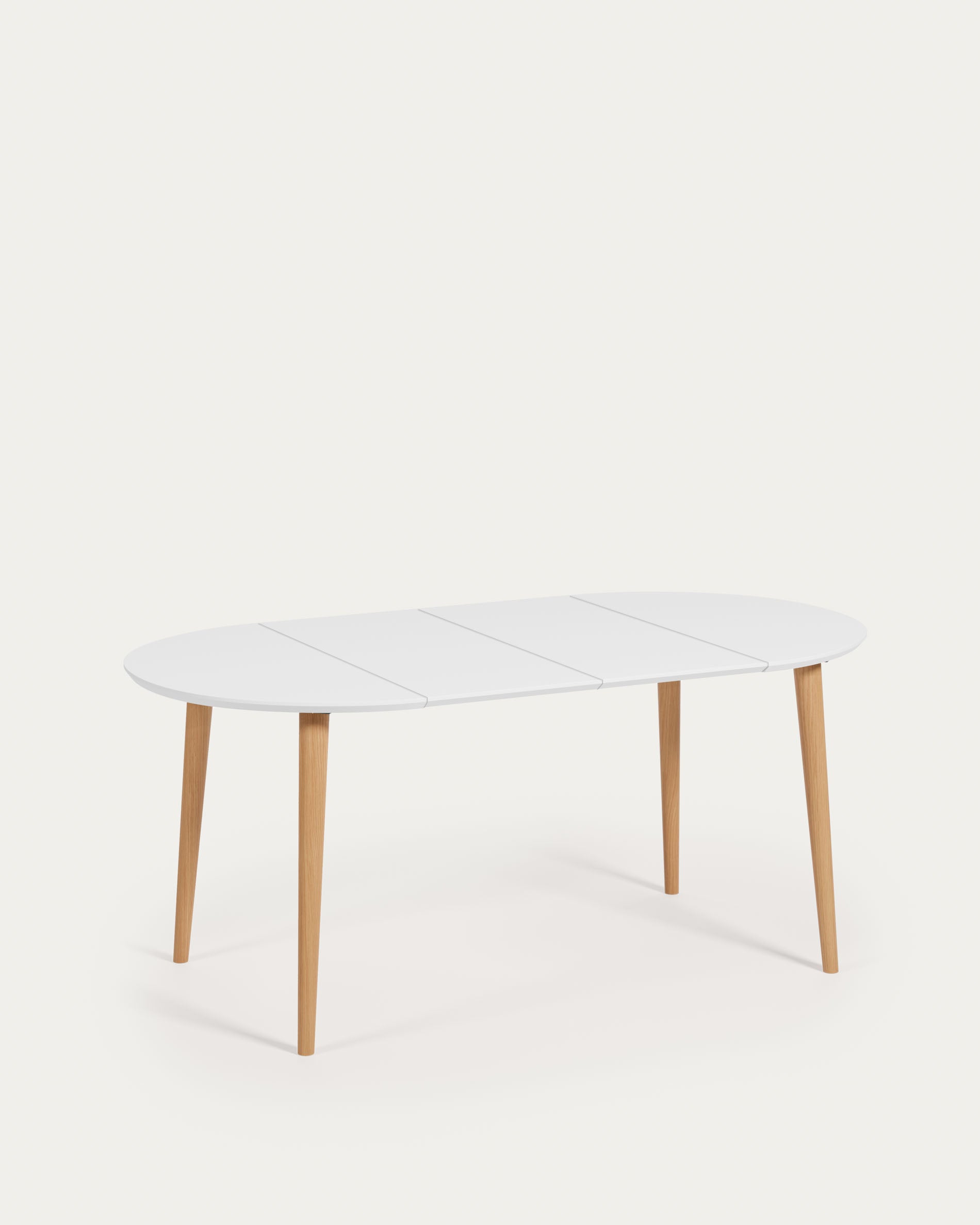 Oqui extendable round table in MDF with white lacquer and solid beech wood legs, 90 (170) x 90 cm - Product View