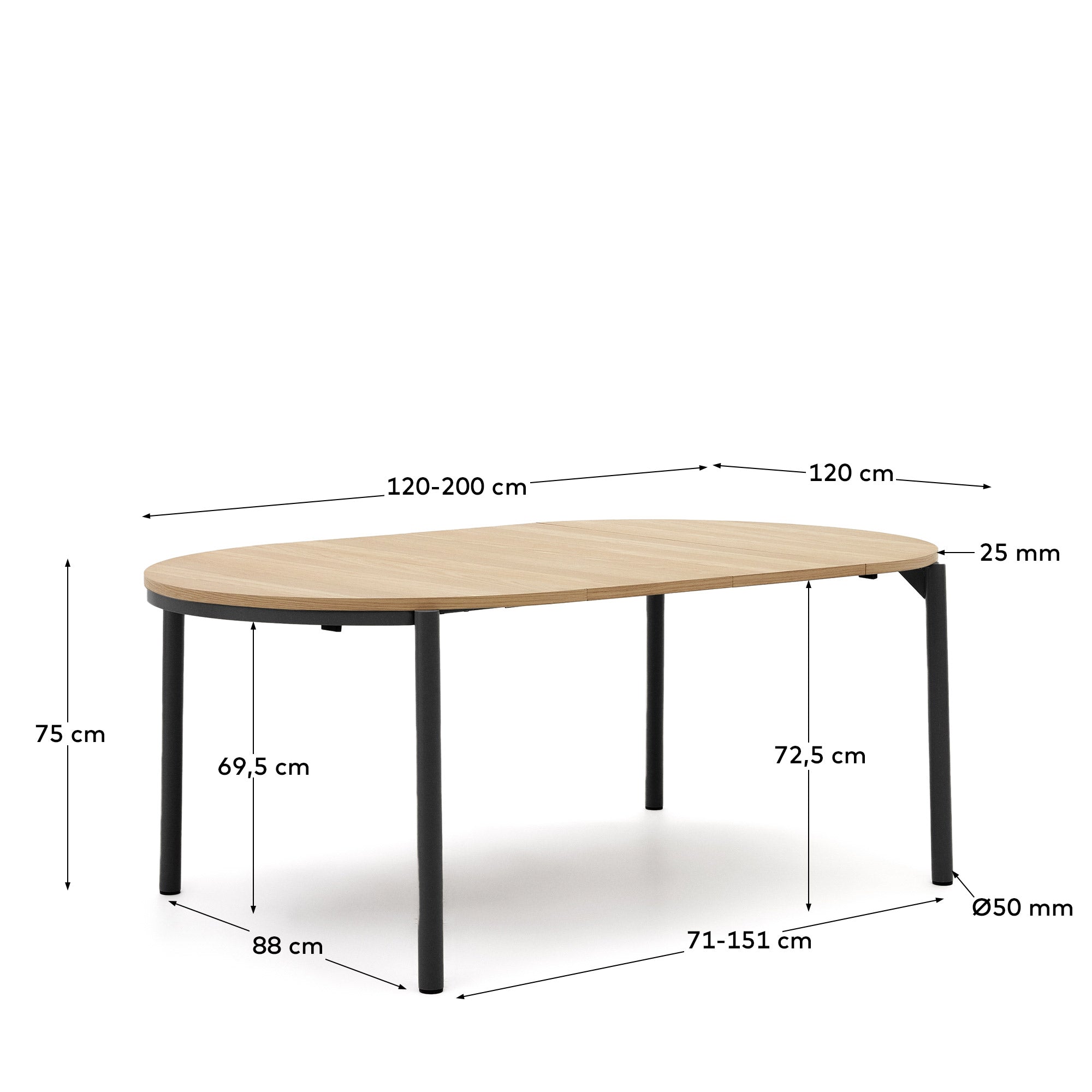 Montuiri extendable round table in oak veneer and steel legs with black finish, Ø 120 (200) cm - Measurements