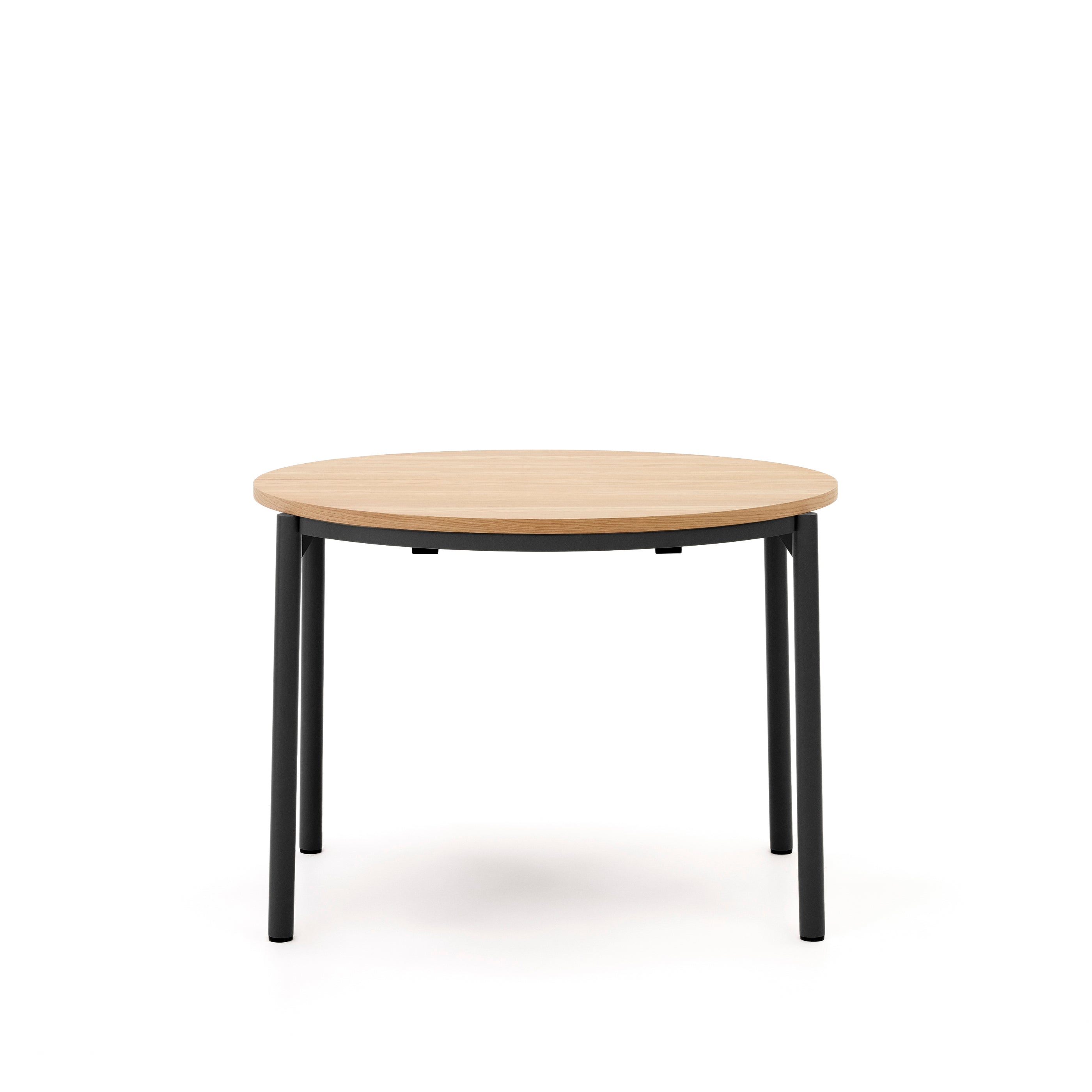 Montuiri round extendable table with oak veneer and black finished steel legs, Ø90(130) cm