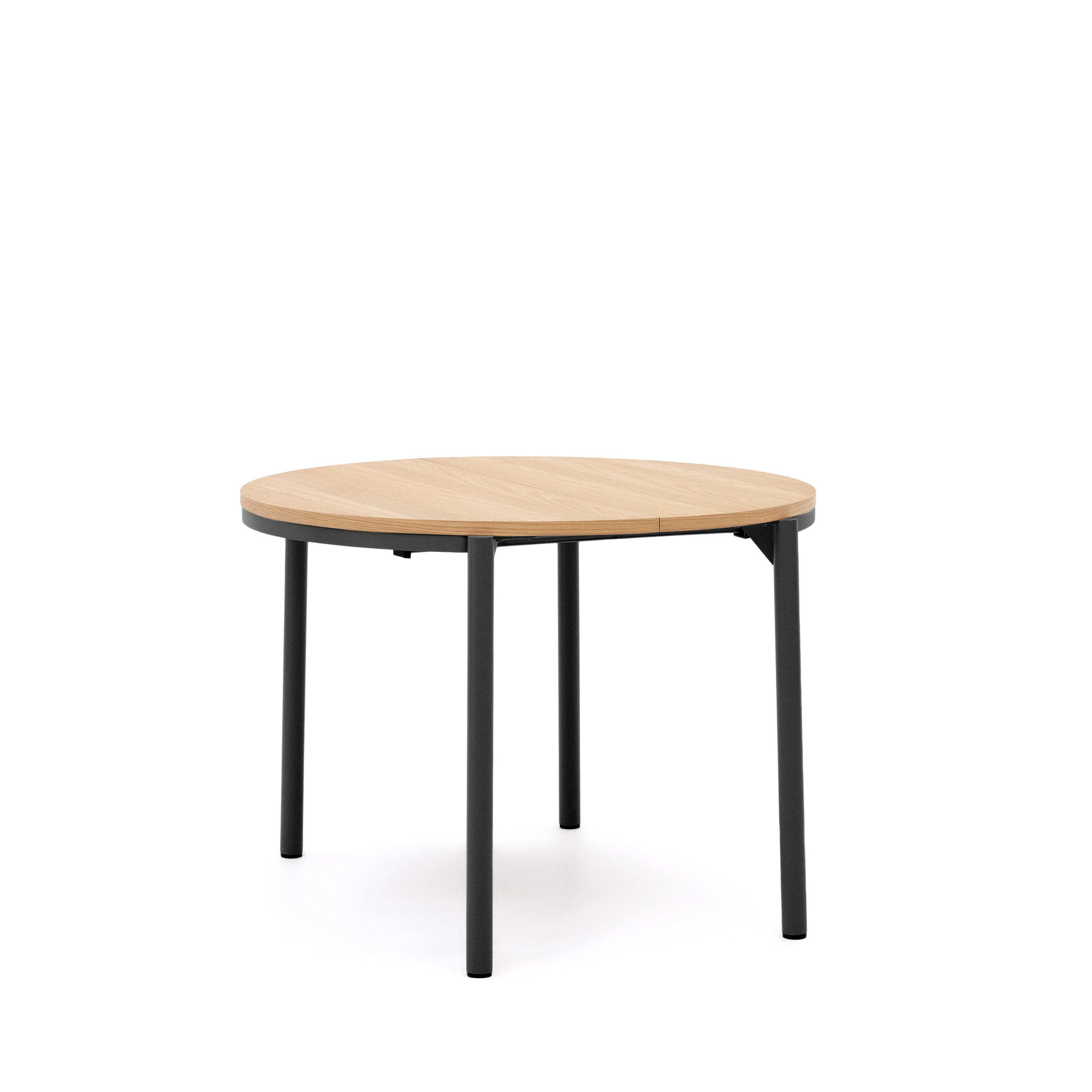 Montuiri round extendable table with oak veneer and black finished steel legs, Ø90(130) cm