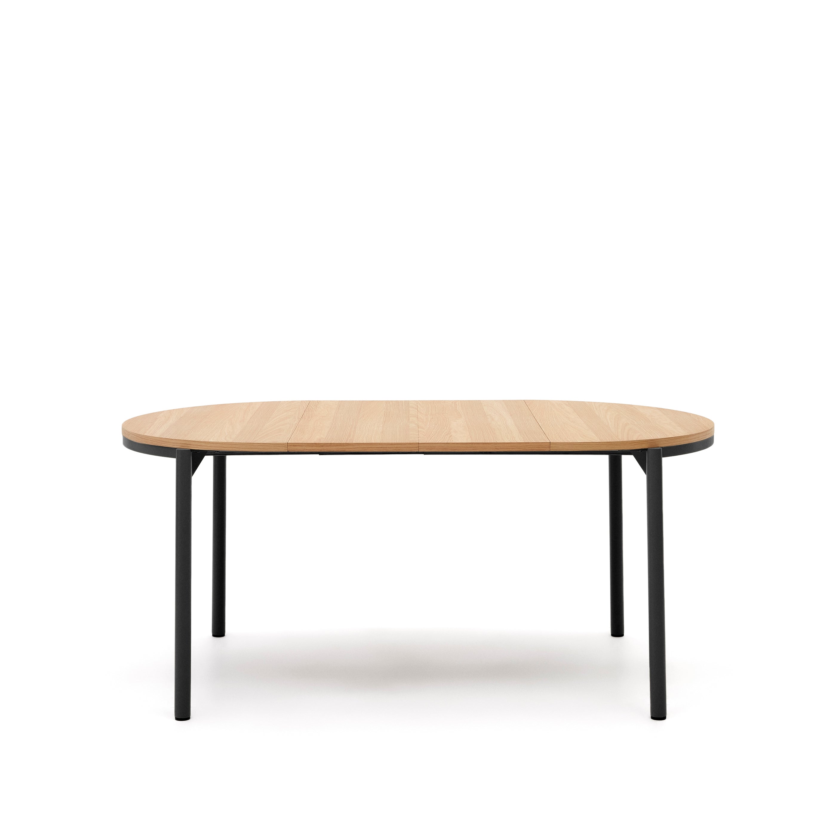 Montuiri round extendable table with oak veneer and black finished steel legs, Ø90(130) cm