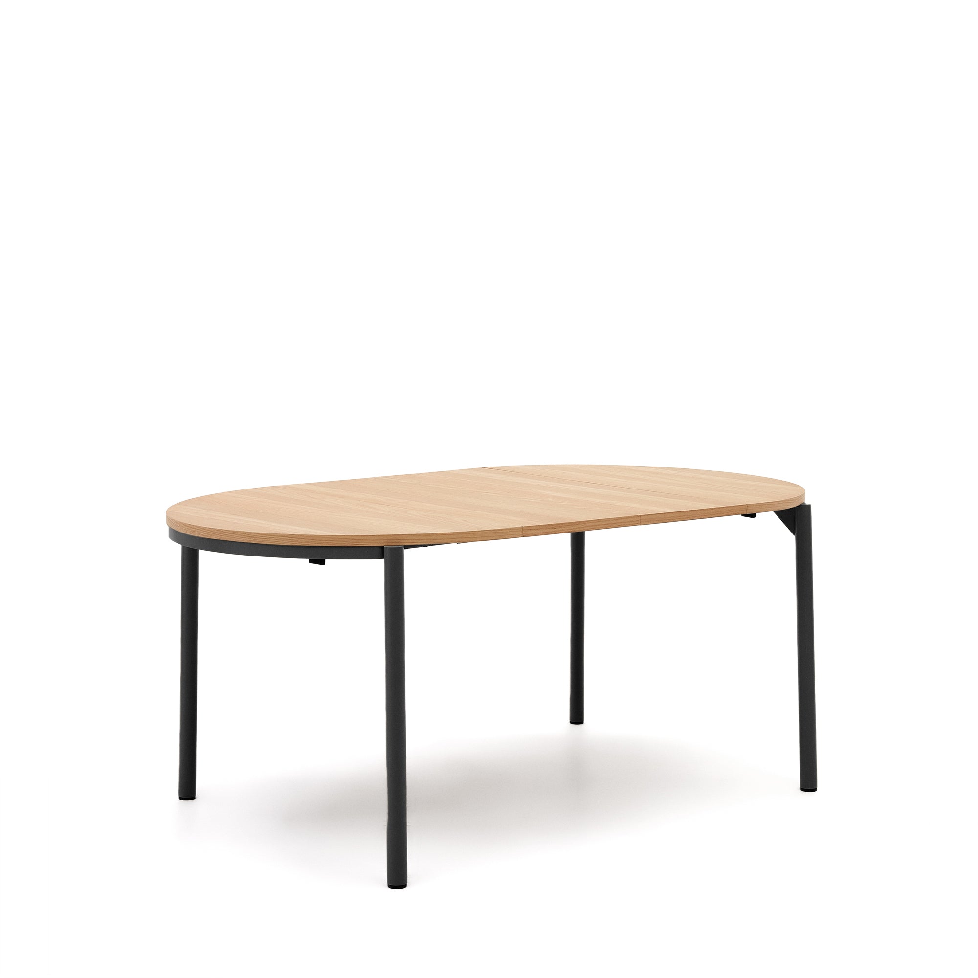 Montuiri round extendable table with oak veneer and black finished steel legs, Ø90(130) cm