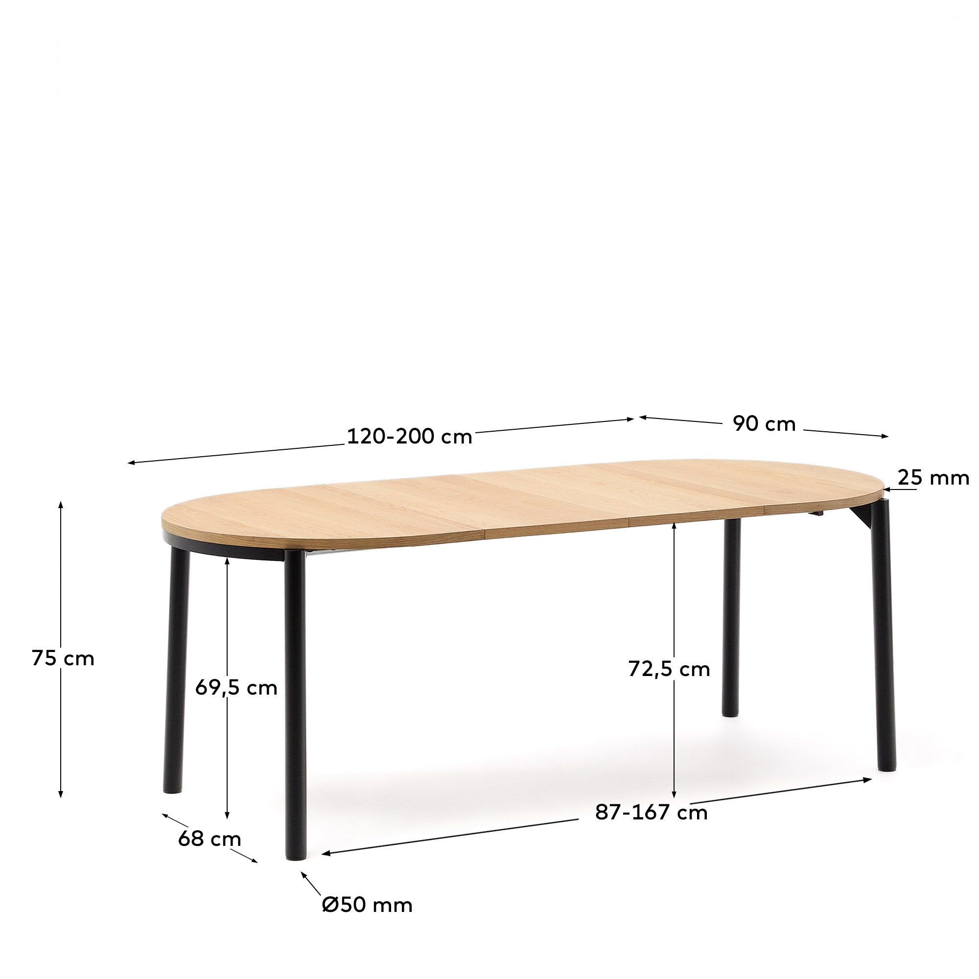 Montuiri extendable table in oak veneer and with steel legs in a black finish,  Ø120(200) x 90 cm - Measurements