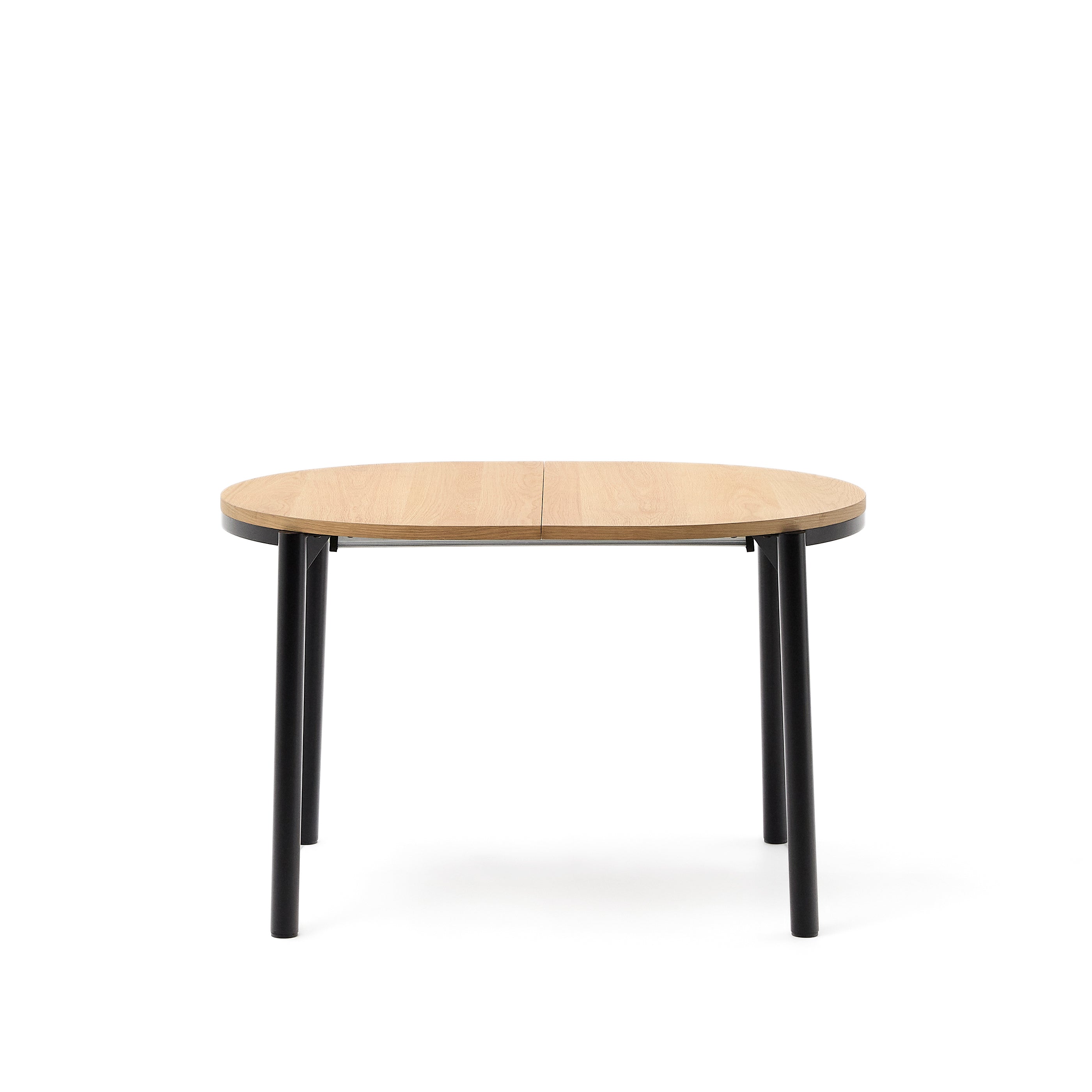 Montuiri round extendable table with oak veneer and black finished steel legs, Ø120(160) x 90 cm