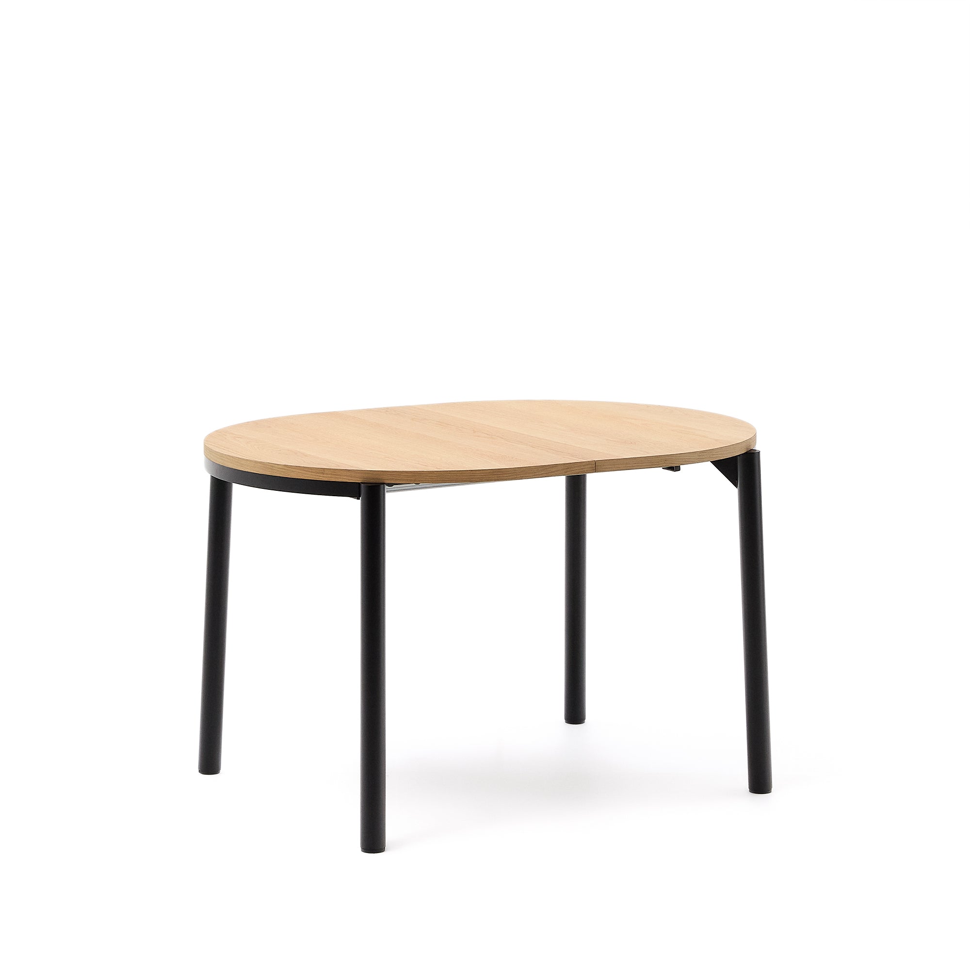 Montuiri kerek, kihúzható asztal tölgy furnérrel és fekete befejezésű acéllábakkal, Ø120(160) x 90 cm