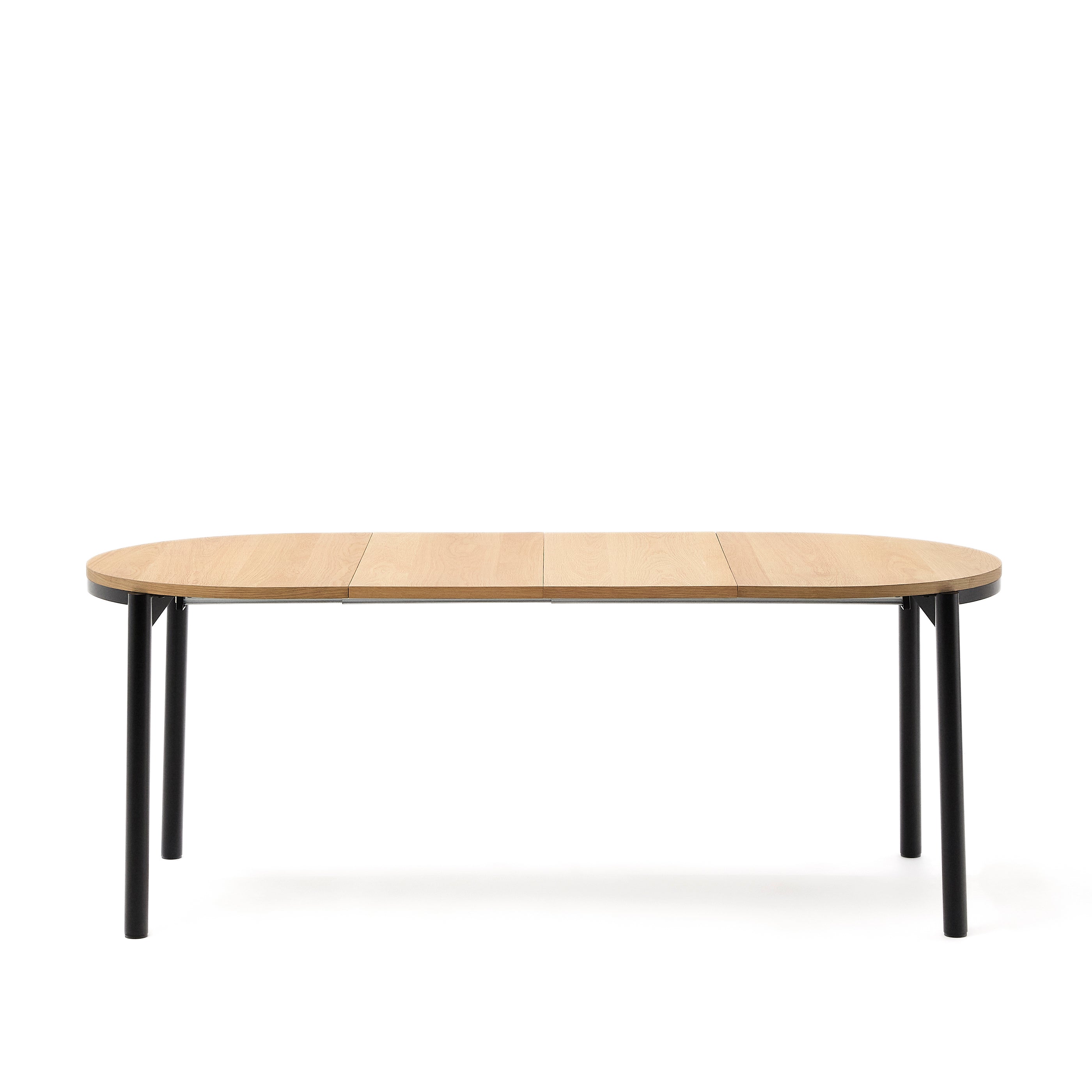 Montuiri round extendable table with oak veneer and black finished steel legs, Ø120(160) x 90 cm