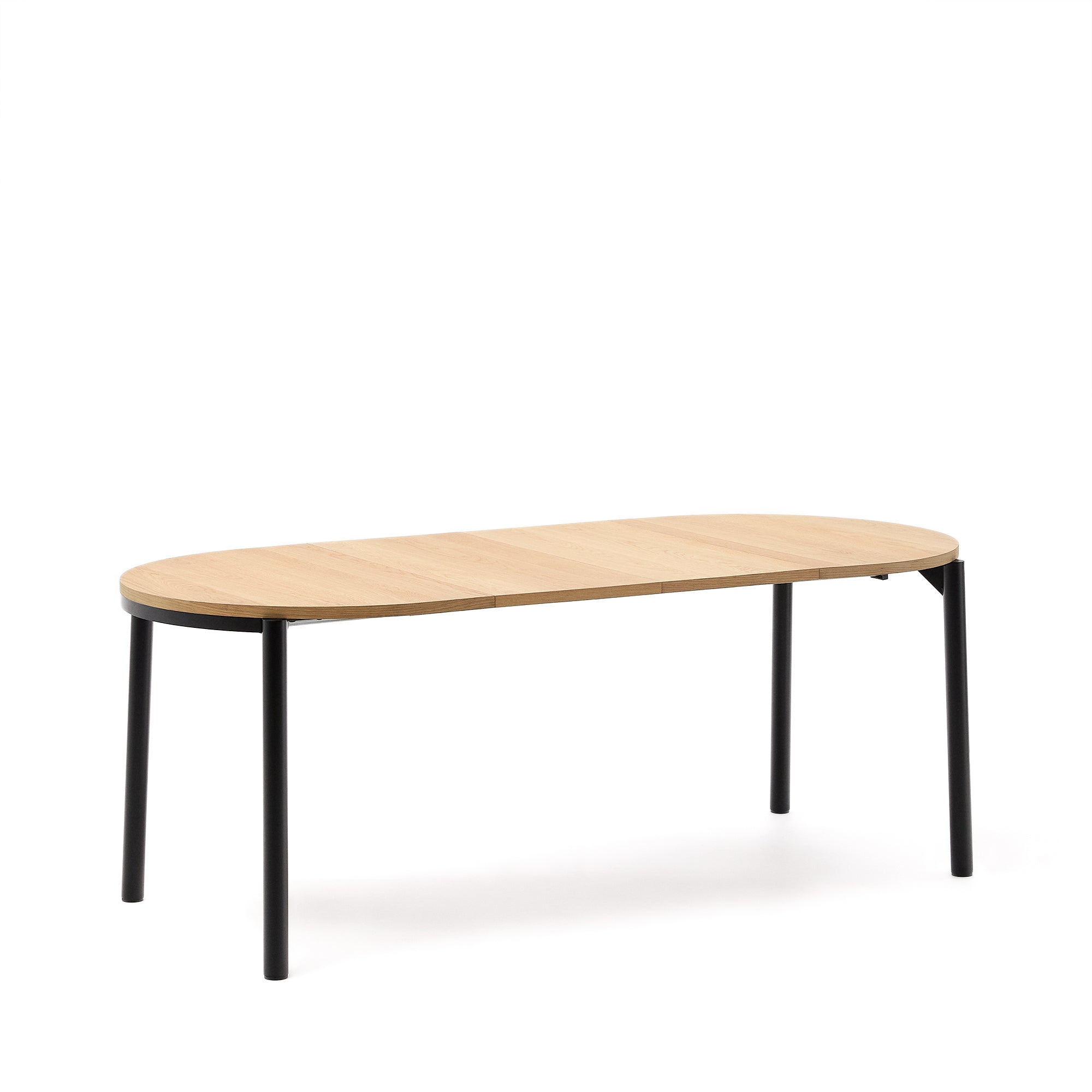 Montuiri round extendable table with oak veneer and black finished steel legs, Ø120(160) x 90 cm