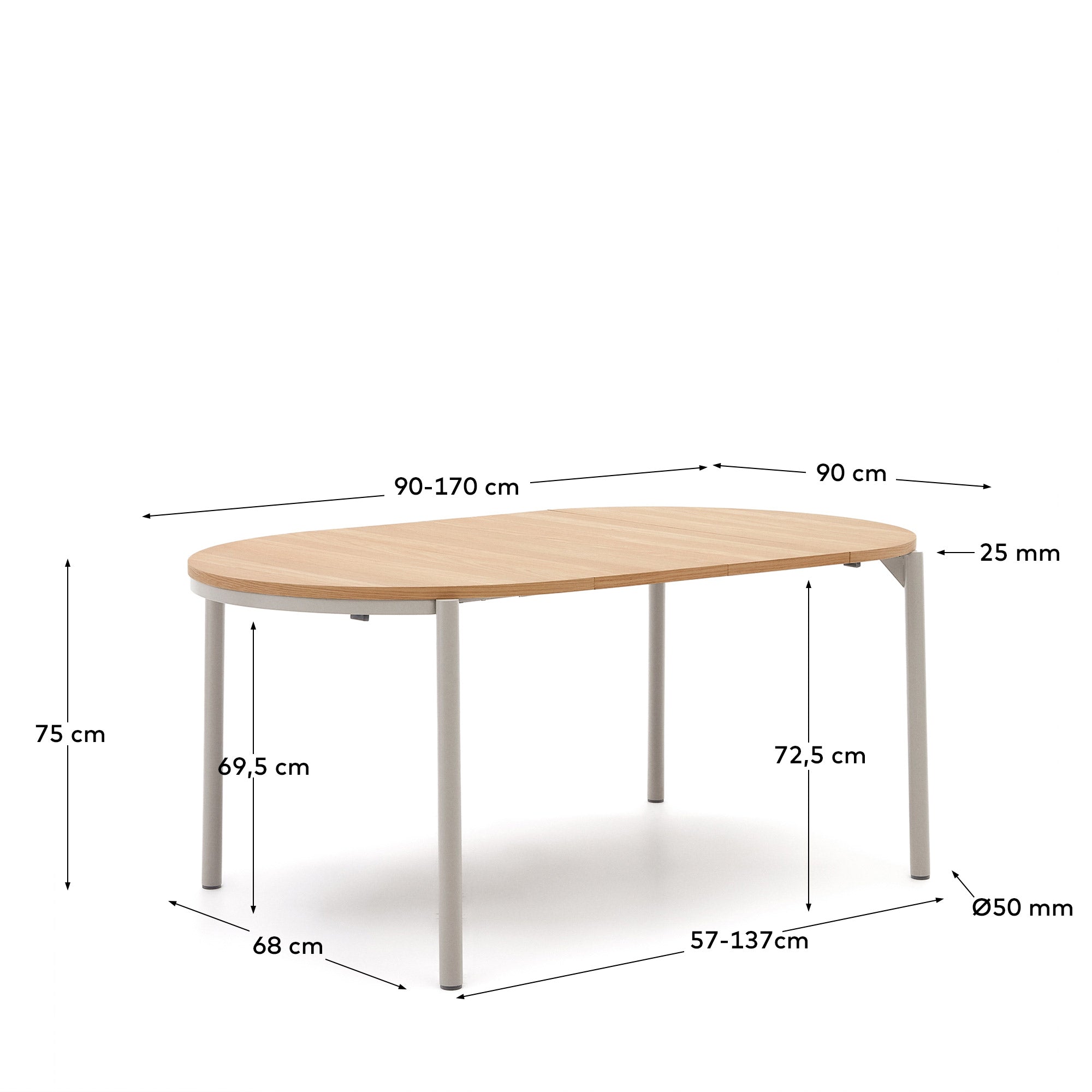 Montuiri round extendable table in oak veneer and with steel legs in a grey finish,  Ø90(170) cm - Measurements